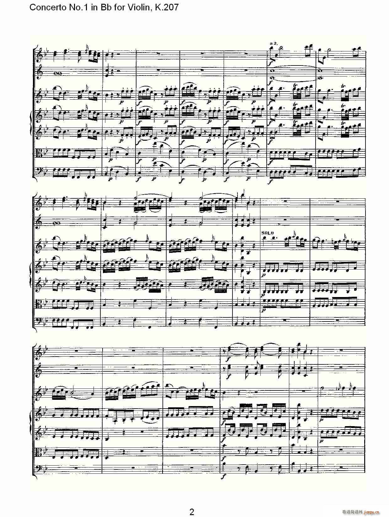 ConcertoNo.1inBbforViolin,K.207简谱小提琴版,Bb调第一协奏曲初学者独奏曲谱完整版五线谱