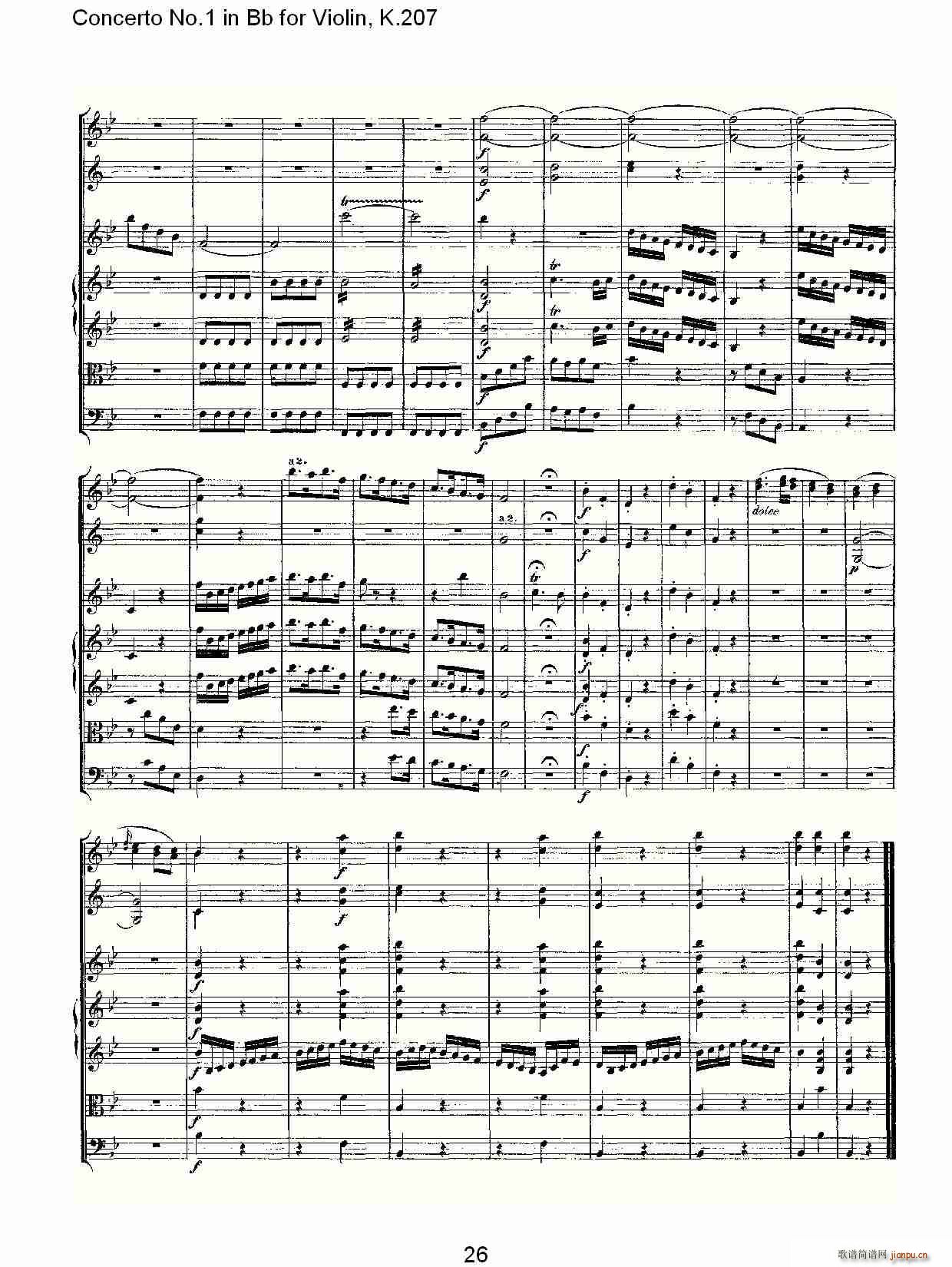 ConcertoNo.1inBbforViolin,K.207简谱小提琴版,Bb调第一协奏曲初学者独奏曲谱完整版五线谱