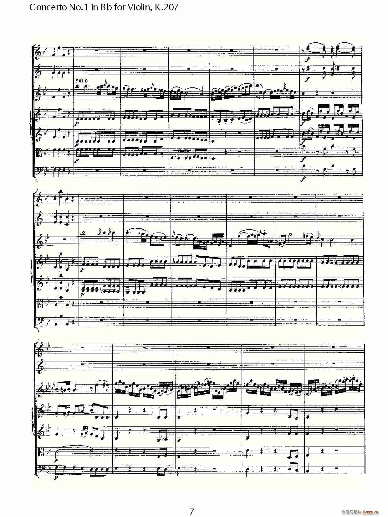 ConcertoNo.1inBbforViolin,K.207简谱小提琴版,Bb调第一协奏曲初学者独奏曲谱完整版五线谱