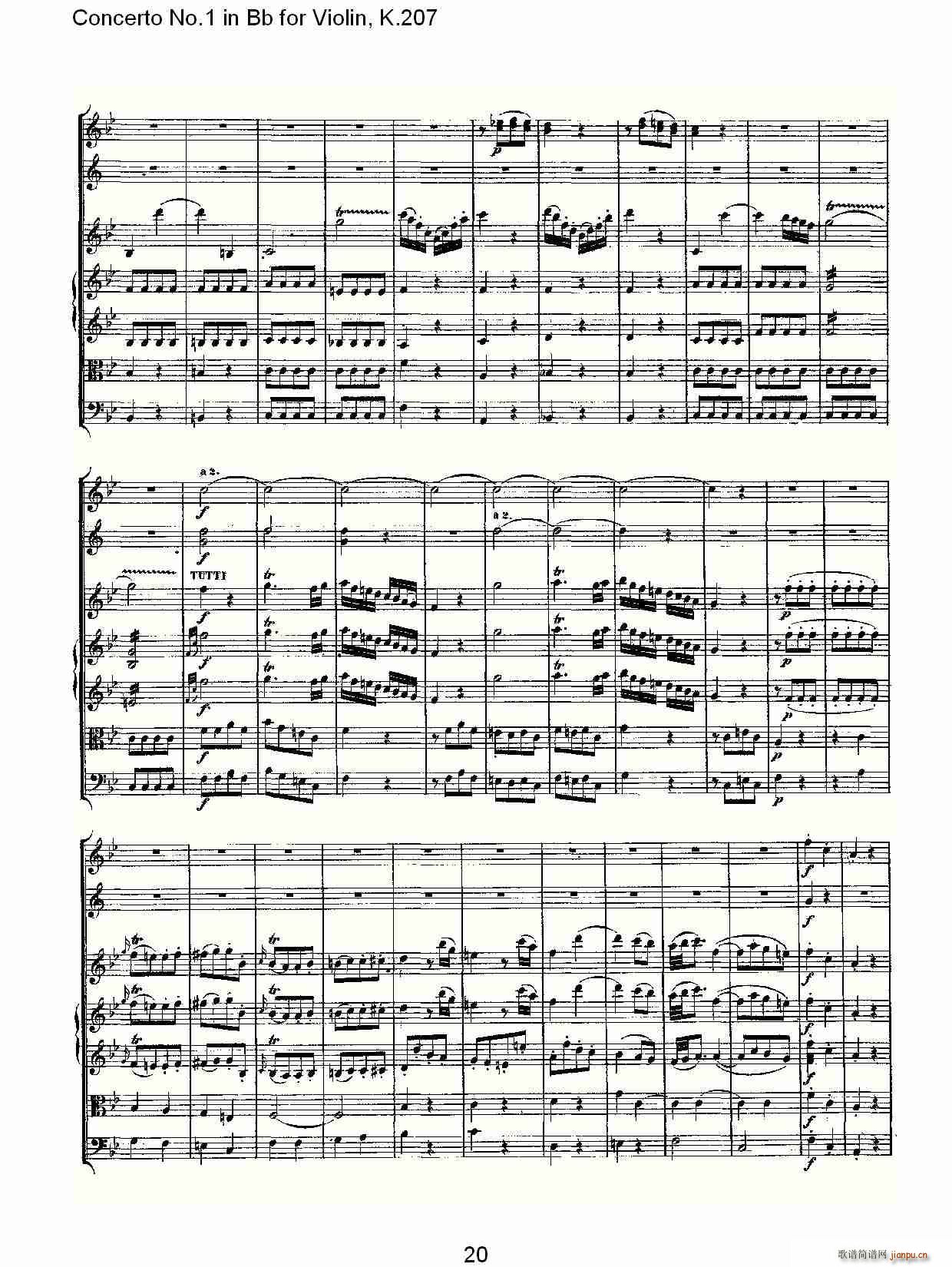 ConcertoNo.1inBbforViolin,K.207简谱小提琴版,Bb调第一协奏曲初学者独奏曲谱完整版五线谱