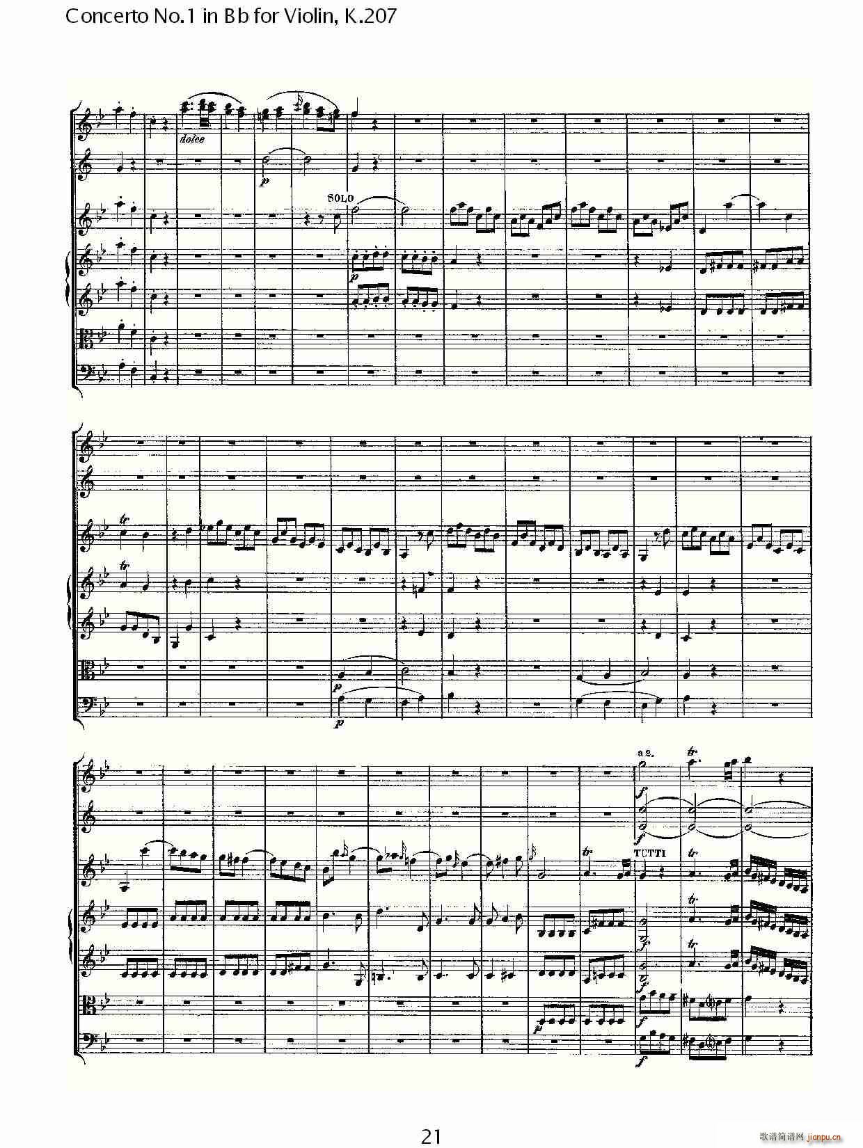 ConcertoNo.1inBbforViolin,K.207简谱小提琴版,Bb调第一协奏曲初学者独奏曲谱完整版五线谱