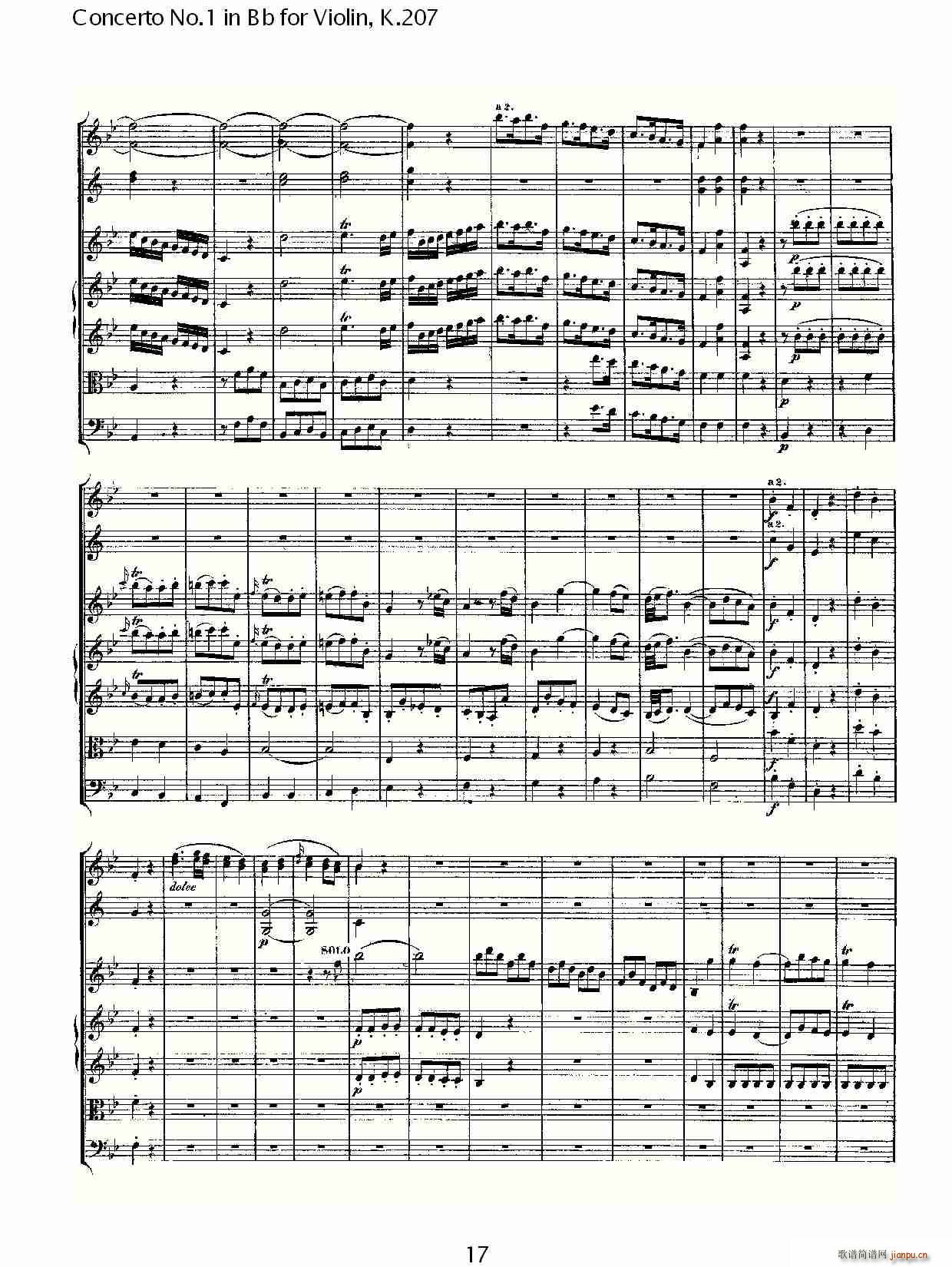 ConcertoNo.1inBbforViolin,K.207简谱小提琴版,Bb调第一协奏曲初学者独奏曲谱完整版五线谱