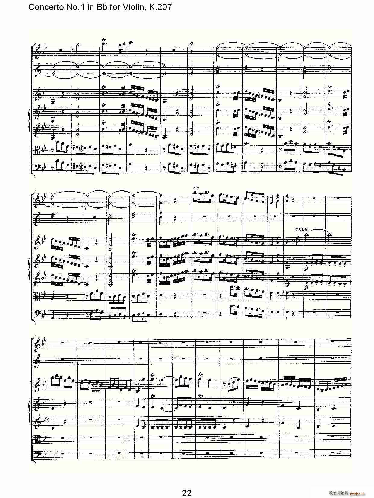 ConcertoNo.1inBbforViolin,K.207简谱小提琴版,Bb调第一协奏曲初学者独奏曲谱完整版五线谱