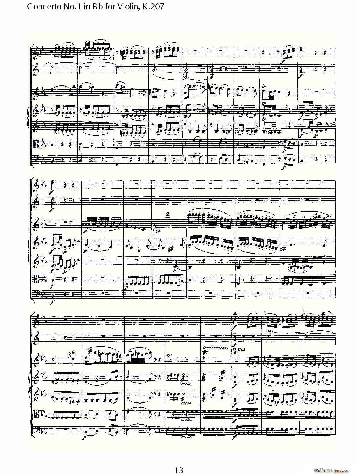 ConcertoNo.1inBbforViolin,K.207简谱小提琴版,Bb调第一协奏曲初学者独奏曲谱完整版五线谱