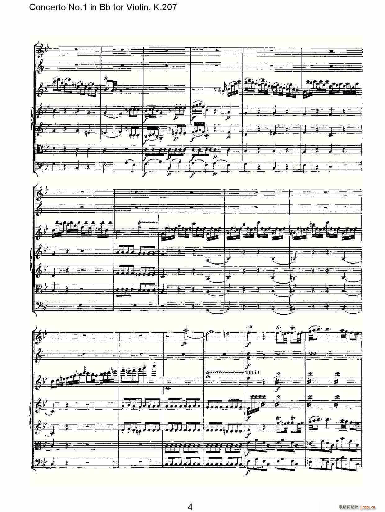 ConcertoNo.1inBbforViolin,K.207简谱小提琴版,Bb调第一协奏曲初学者独奏曲谱完整版五线谱