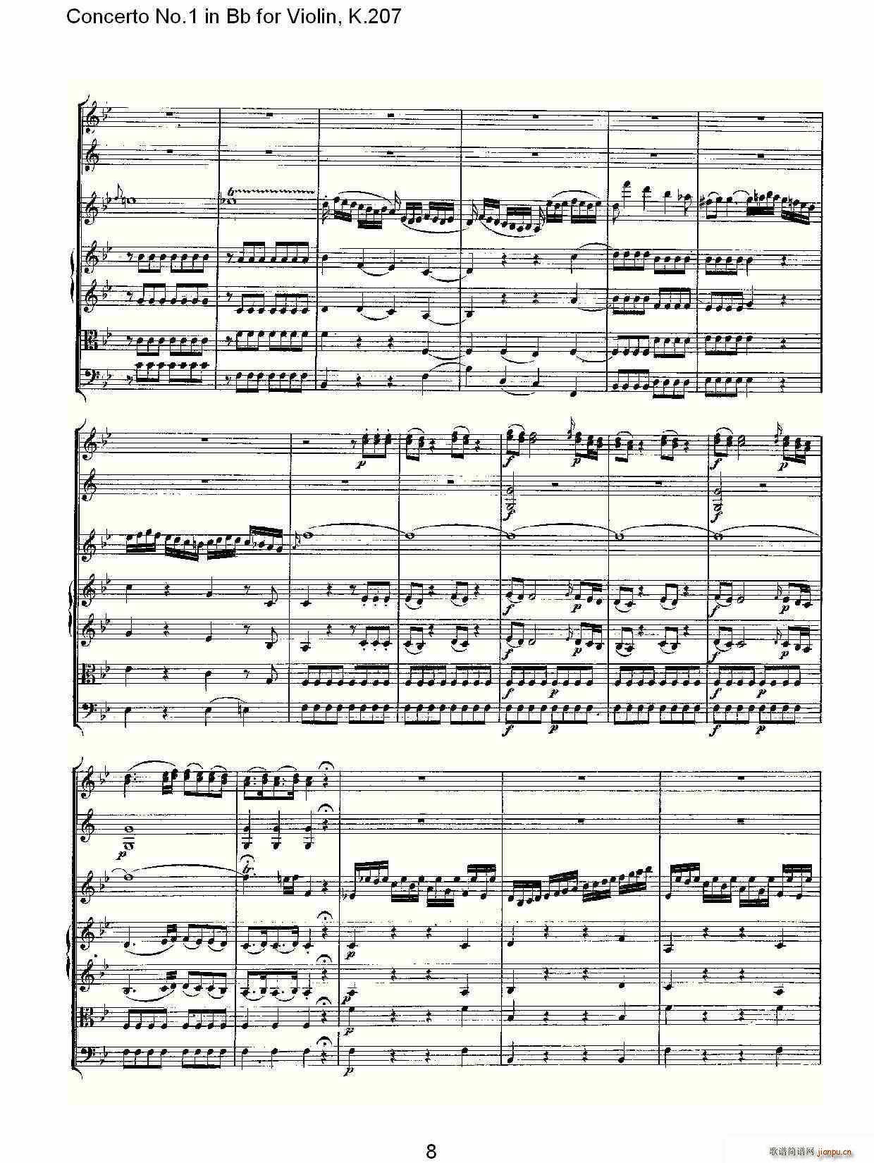 ConcertoNo.1inBbforViolin,K.207简谱小提琴版,Bb调第一协奏曲初学者独奏曲谱完整版五线谱