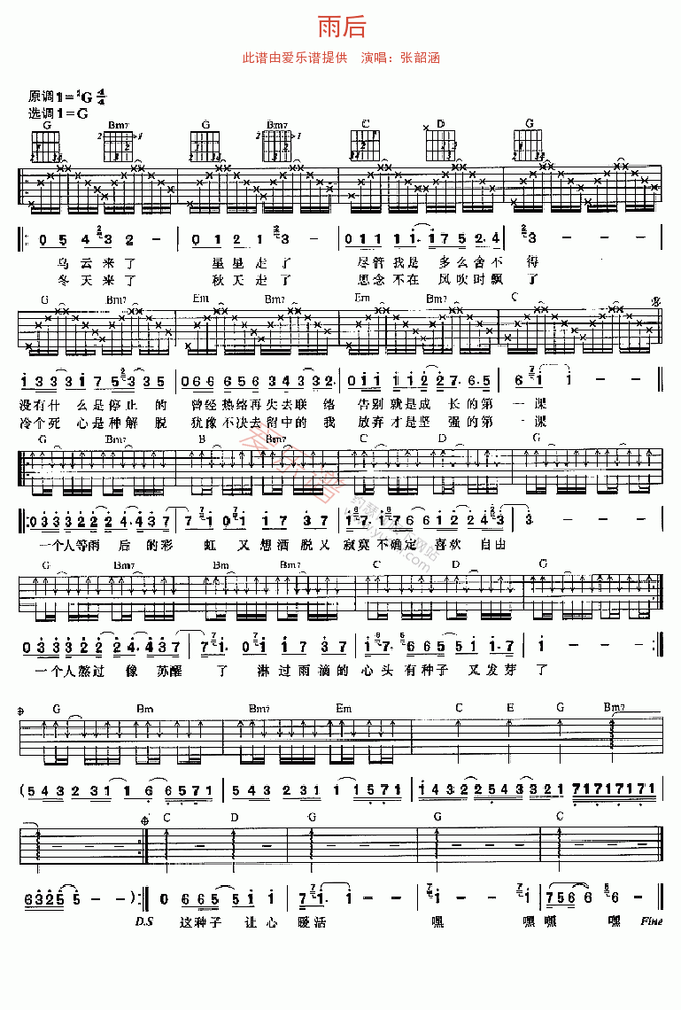 雨后吉他谱,C调高清简单谱教学简谱,张韶涵六线谱原版六线谱图片