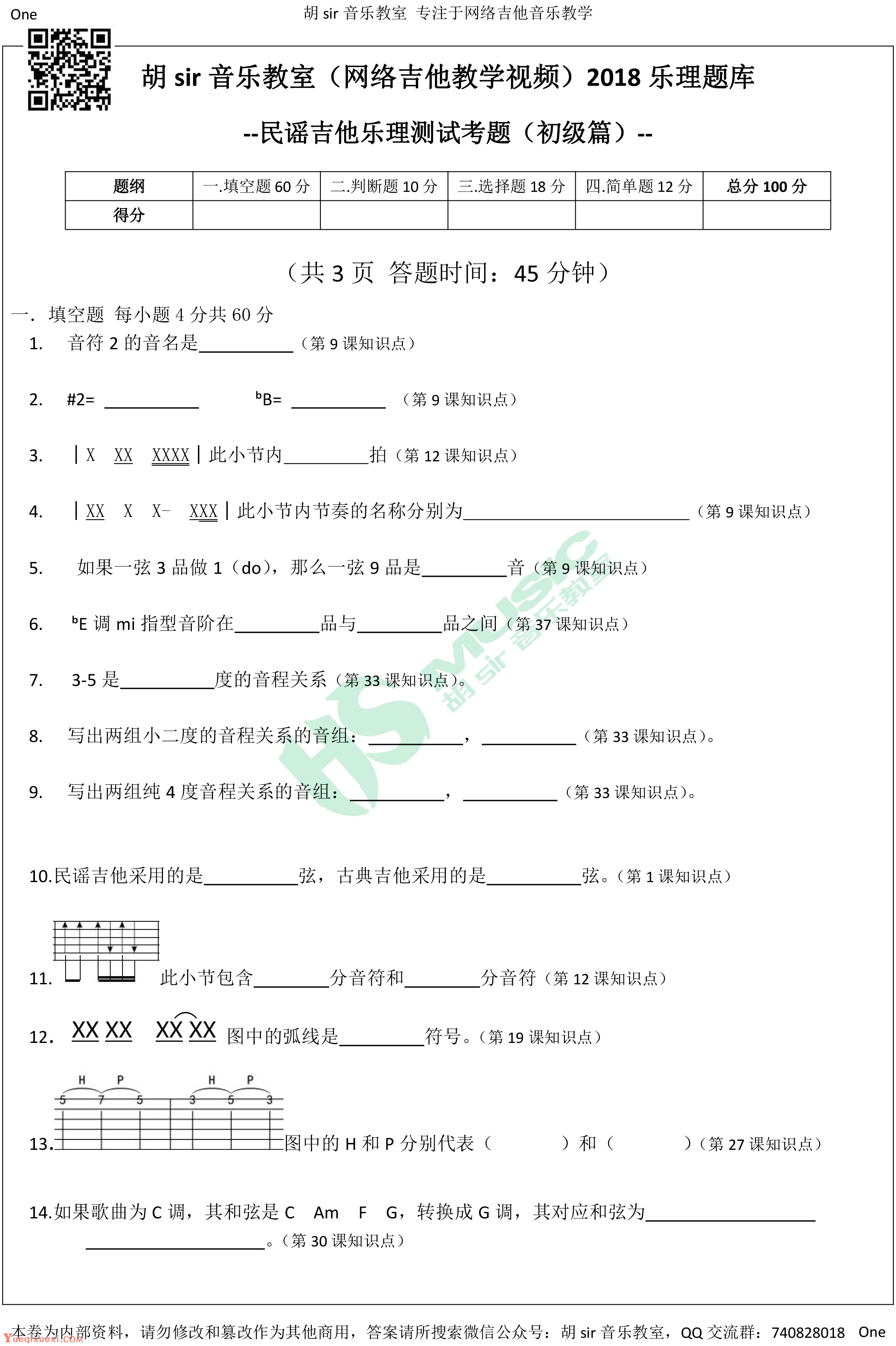 初级民谣吉他乐理测试-吉他教育资源