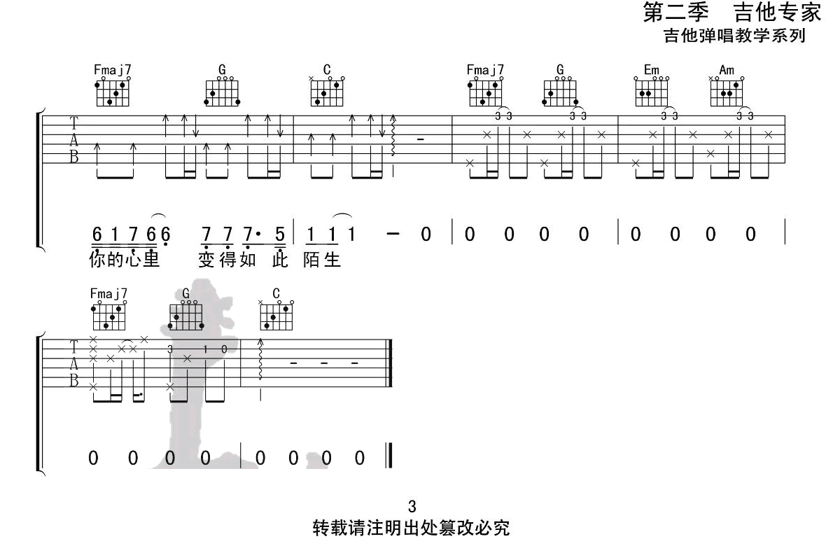 有名无份吉他谱,李冠霖歌曲,C调简单指弹教学简谱,吉他专家版六线谱图片