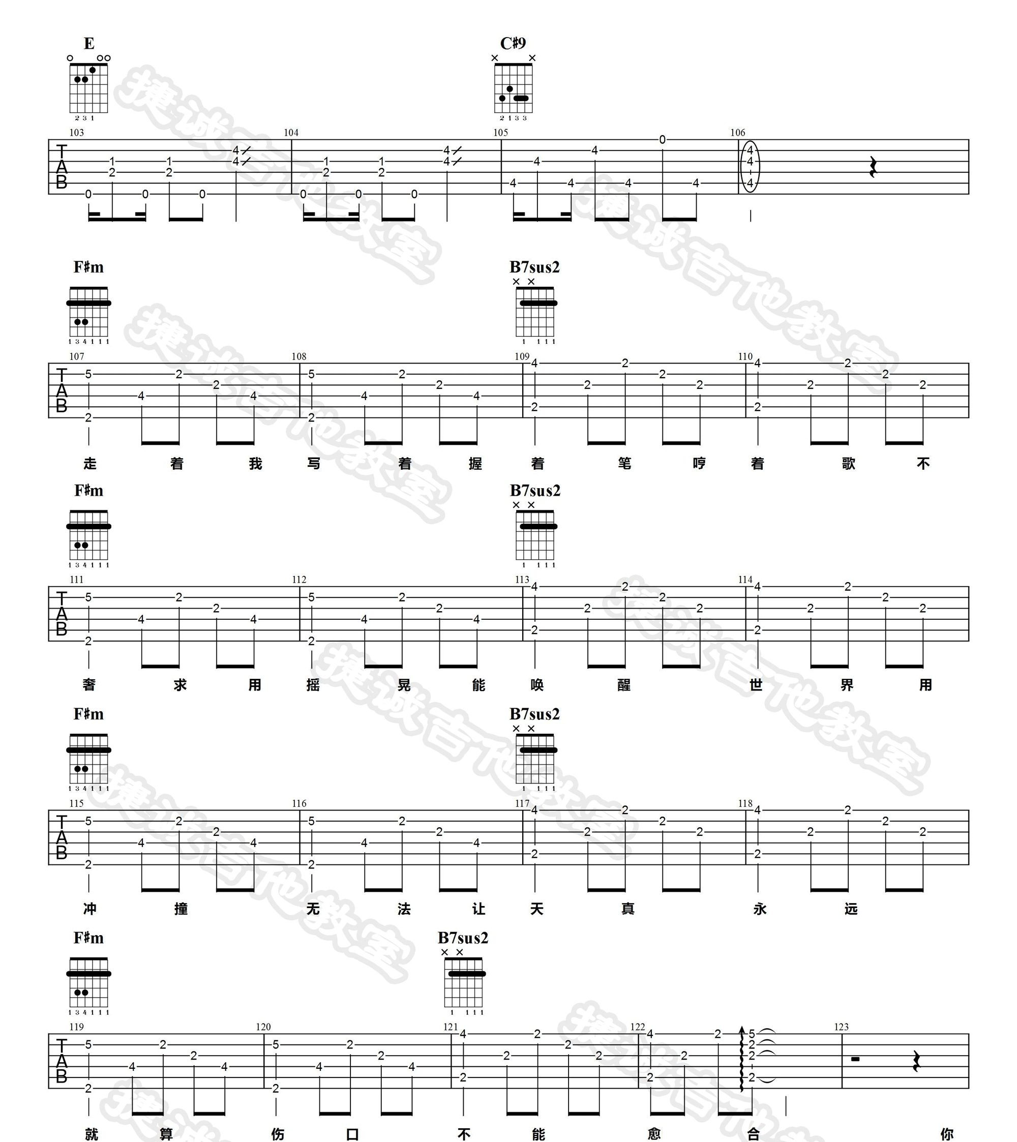 观察者吉他谱,陈绮贞歌曲,E调简单指弹教学简谱,捷诚吉他教室版六线谱图片