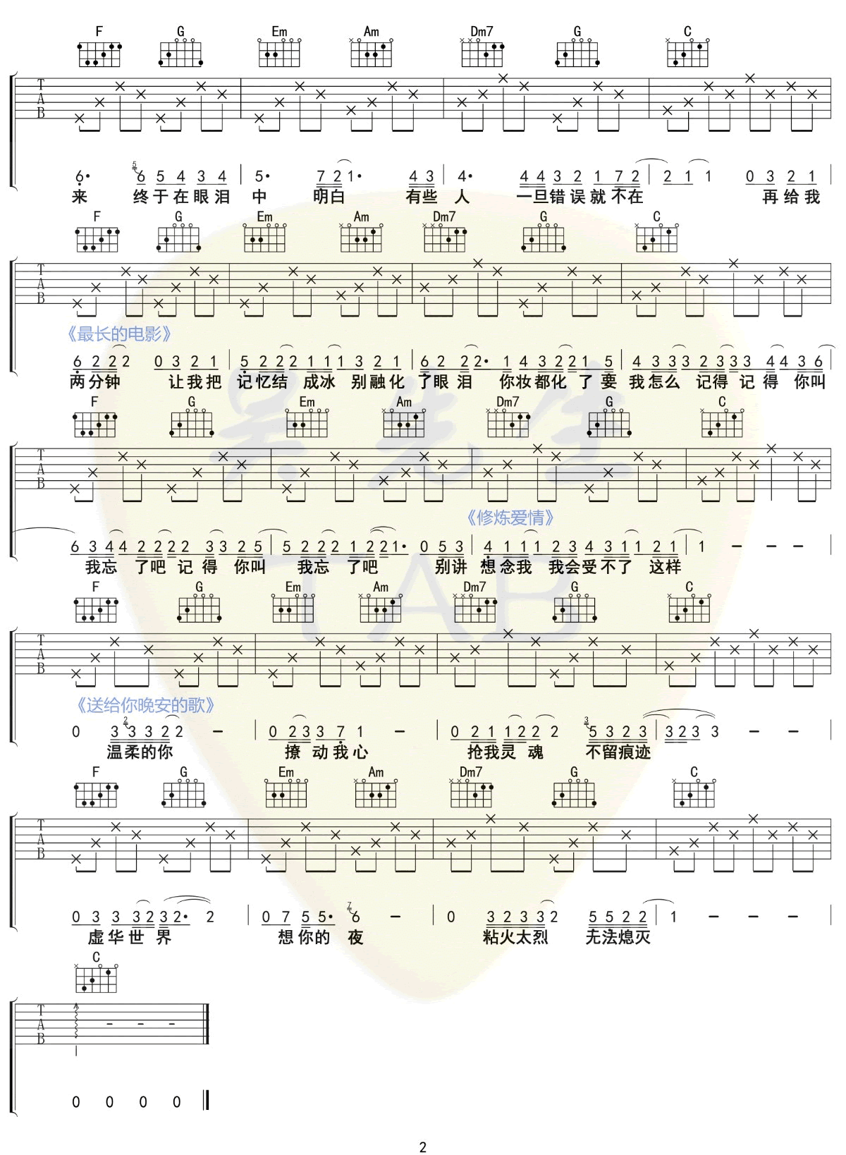 送给你晚安的歌吉他谱,房子帆歌曲,C调简单指弹教学简谱,无限延音版六线谱图片