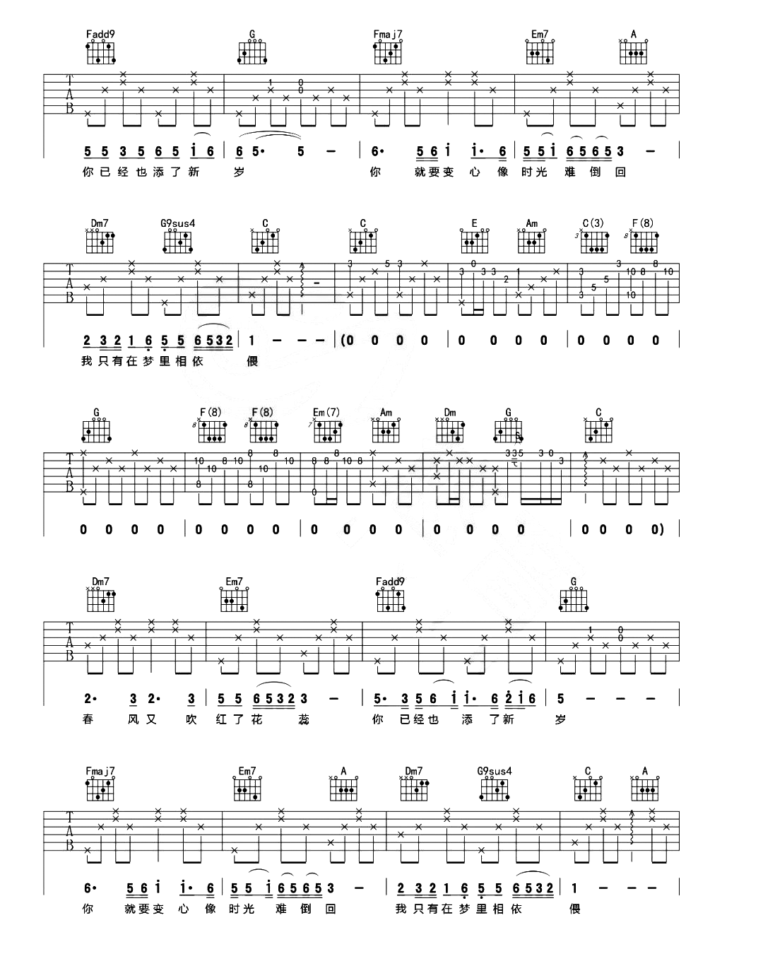 往事只能回味吉他谱,好妹妹乐队歌曲,C调简单指弹教学简谱,网络转载版六线谱图片