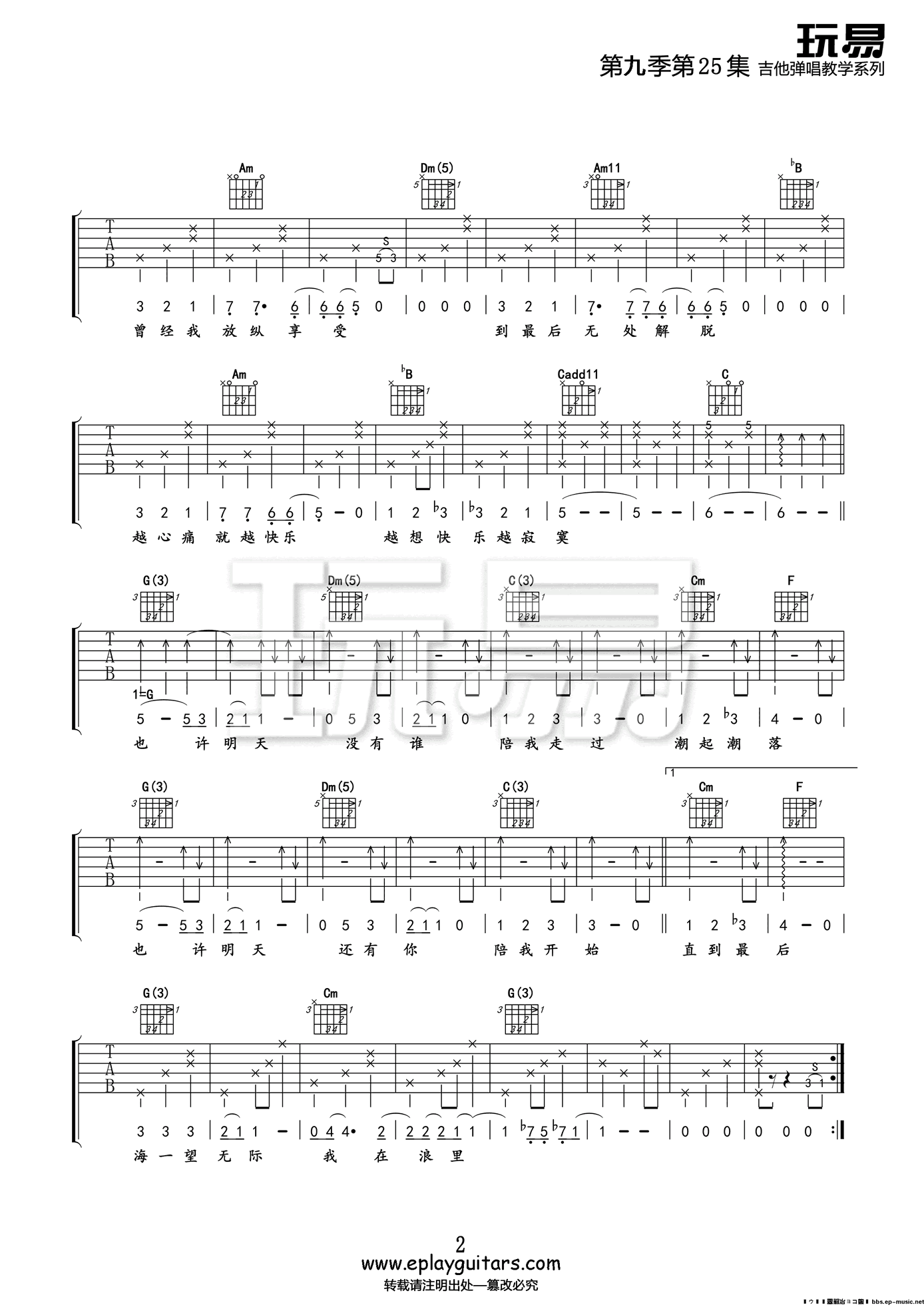 也许明天吉他谱,张惠妹歌曲,降B简单指弹教学简谱,玩易吉他版六线谱图片