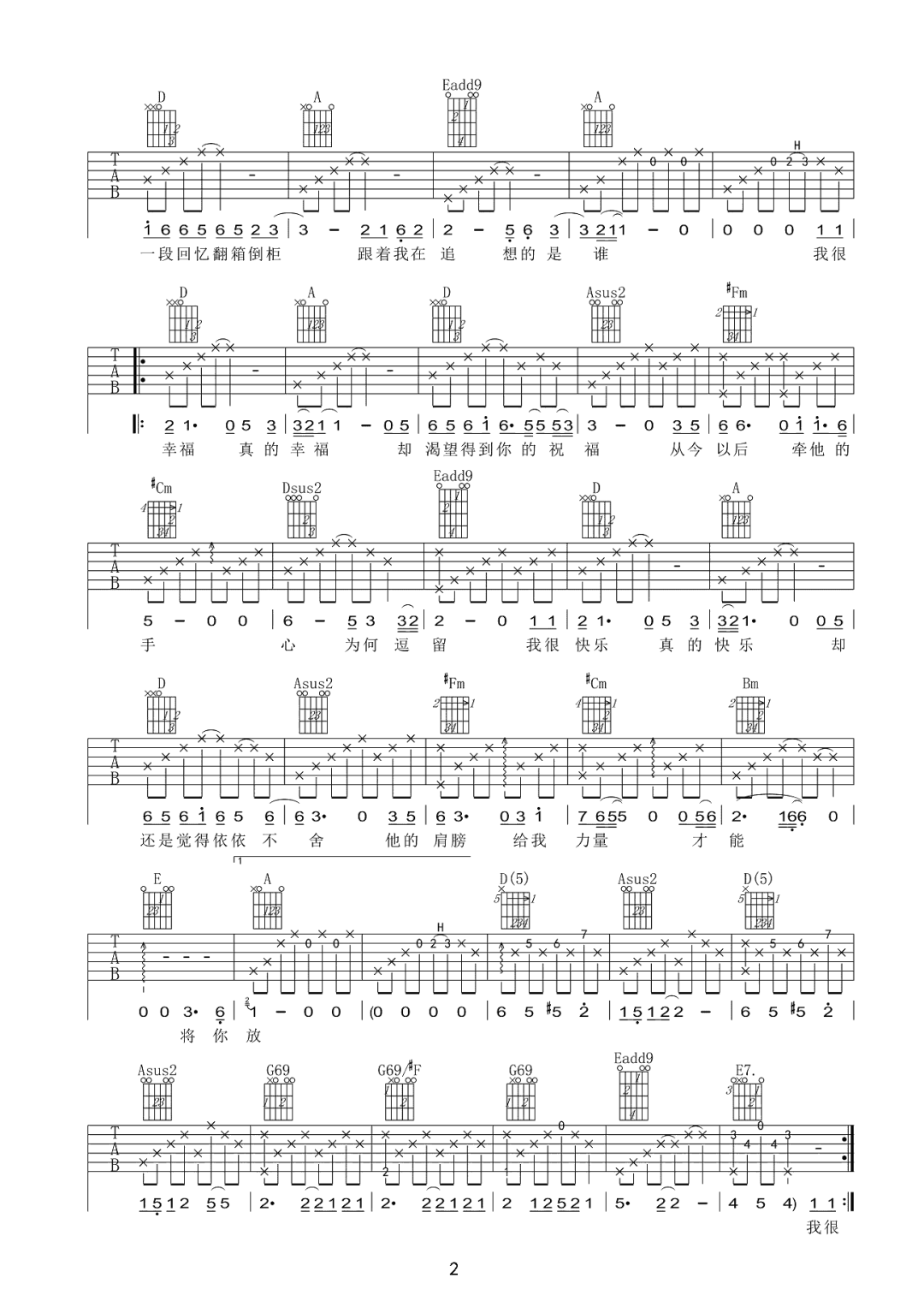 祝我幸福吉他谱,杨乃文歌曲,A调简单指弹教学简谱,网络转载版六线谱图片