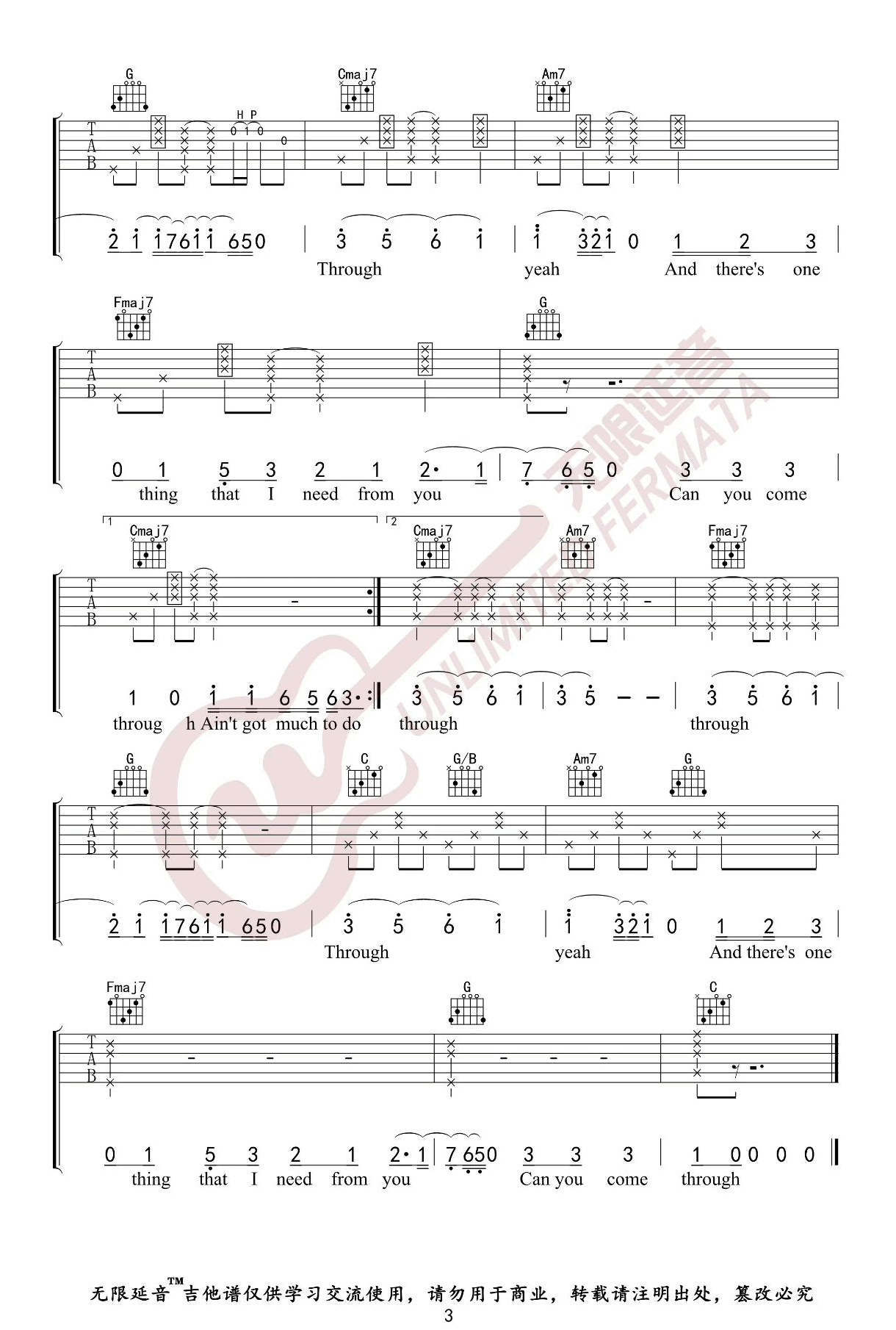 omethru吉他谱,Jeremy歌曲,C调简单指弹教学简谱,无限延音版六线谱图片