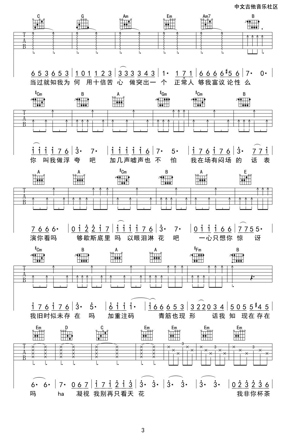 浮夸吉他谱,陈奕迅歌曲,G调简单指弹教学简谱,网络转载版六线谱图片