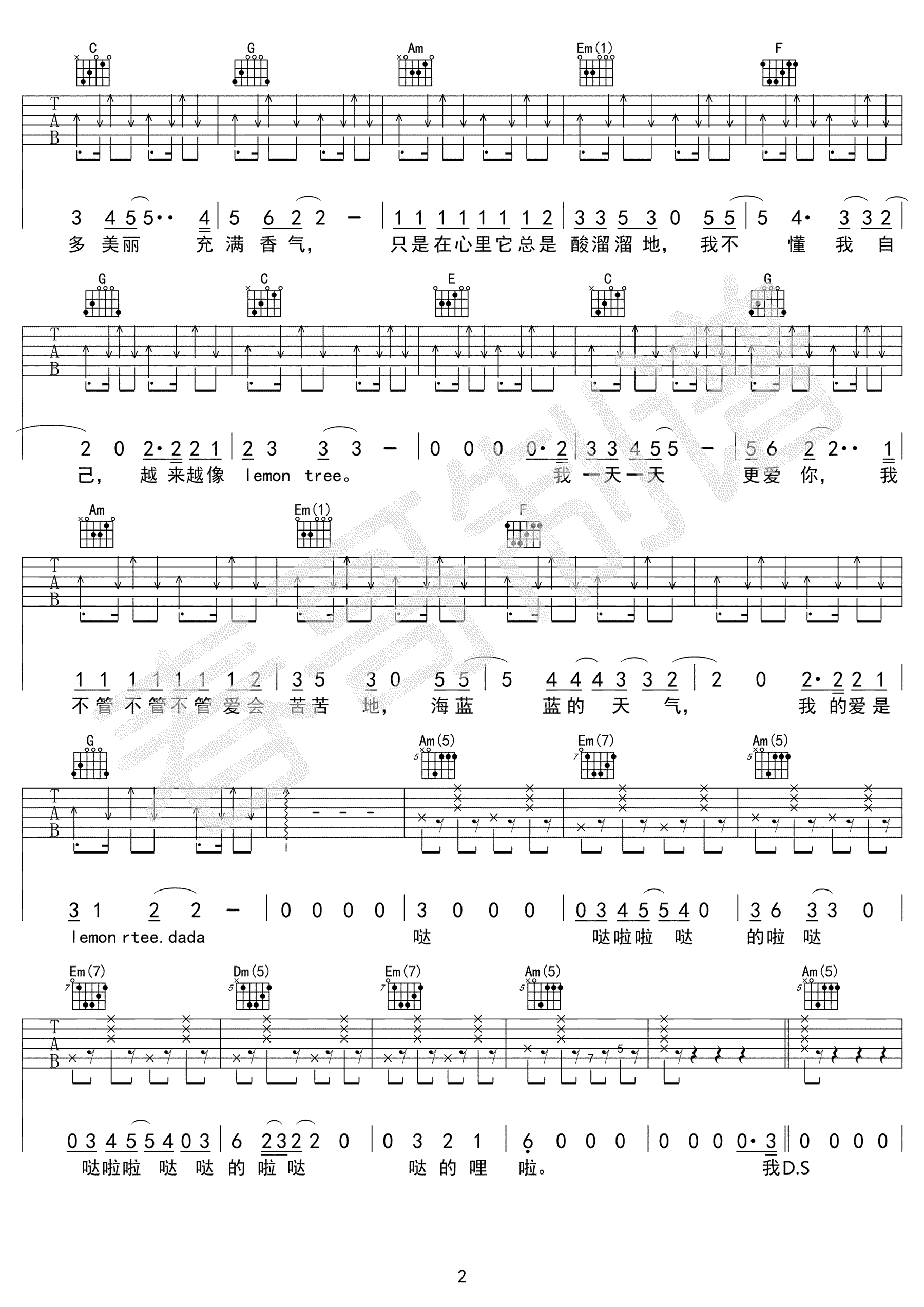 Lemon Tree吉他谱,苏慧伦歌曲,C调简单指弹教学简谱,三人行吉他教室版六线谱图片