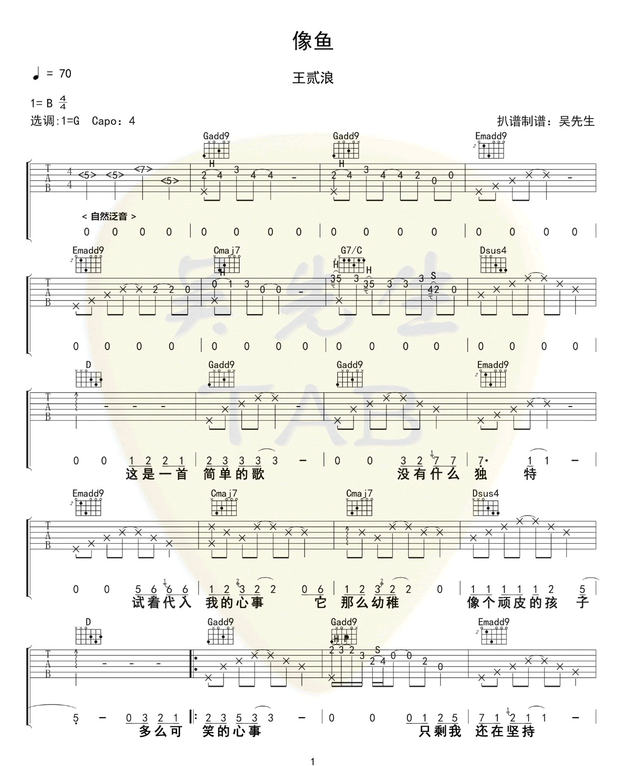 像鱼吉他谱,王贰浪歌曲,G调简单指弹教学简谱,吴先生TAB版六线谱图片