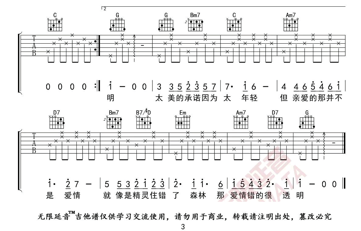 亲爱的那不是爱情吉他谱,张韶涵歌曲,G调简单指弹教学简谱,无限延音版六线谱图片