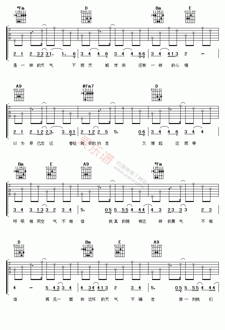 下雨吉他谱,C调高清简单谱教学简谱,李宇春六线谱原版六线谱图片