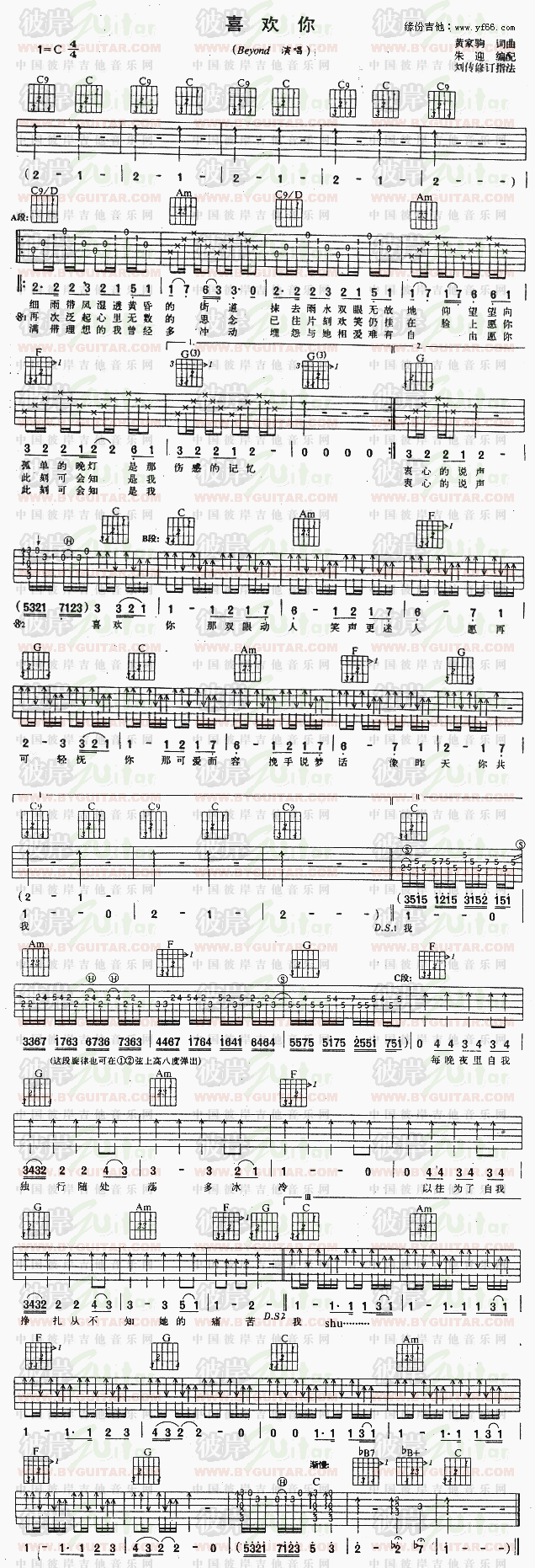 喜欢你吉他谱,C调高清简单谱教学简谱,Beyond六线谱原六线谱图片