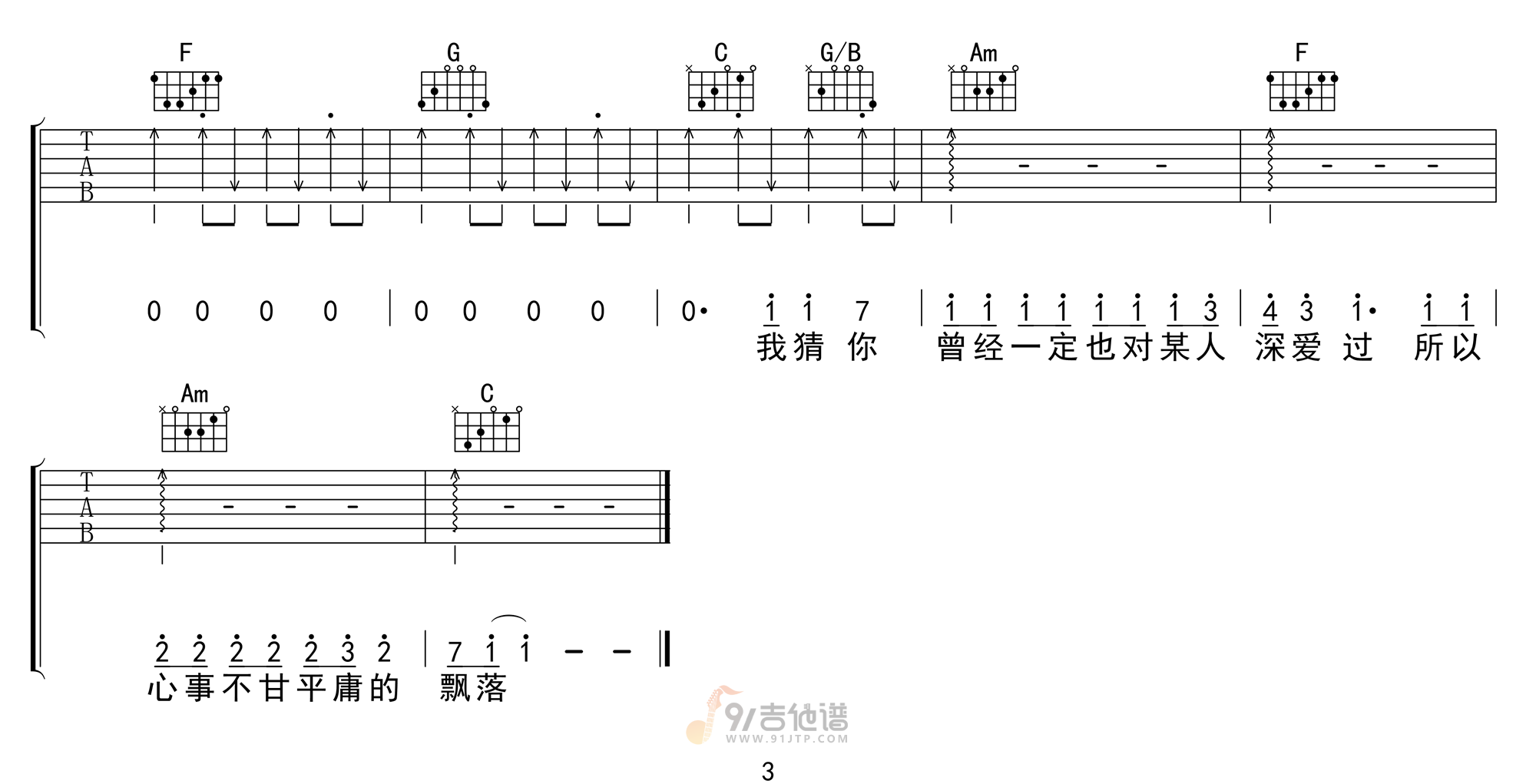 是红吉他谱,花粥歌曲,C调简单指弹教学简谱,吴先生TAB版六线谱图片