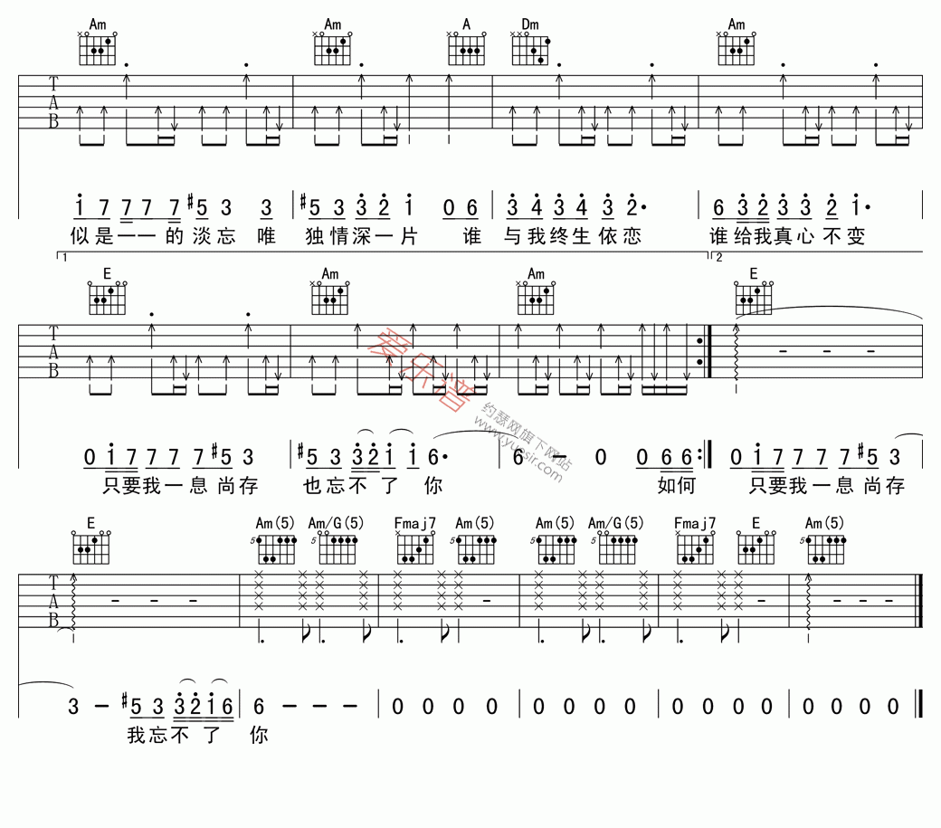 忘不了你吉他谱,C调高清简单谱教学简谱,刘德华六线谱原版六线谱图片