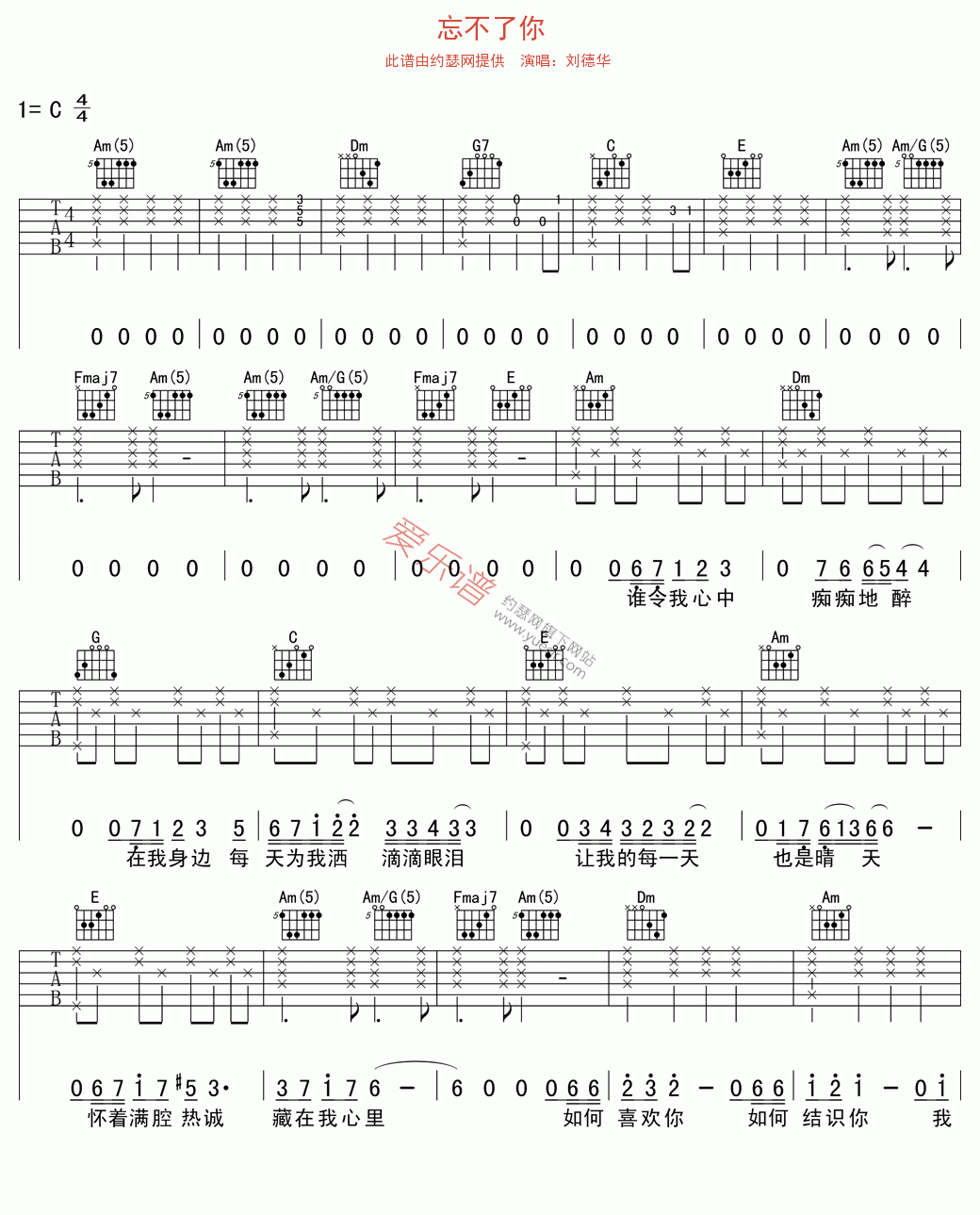 忘不了你吉他谱,C调高清简单谱教学简谱,刘德华六线谱原版六线谱图片