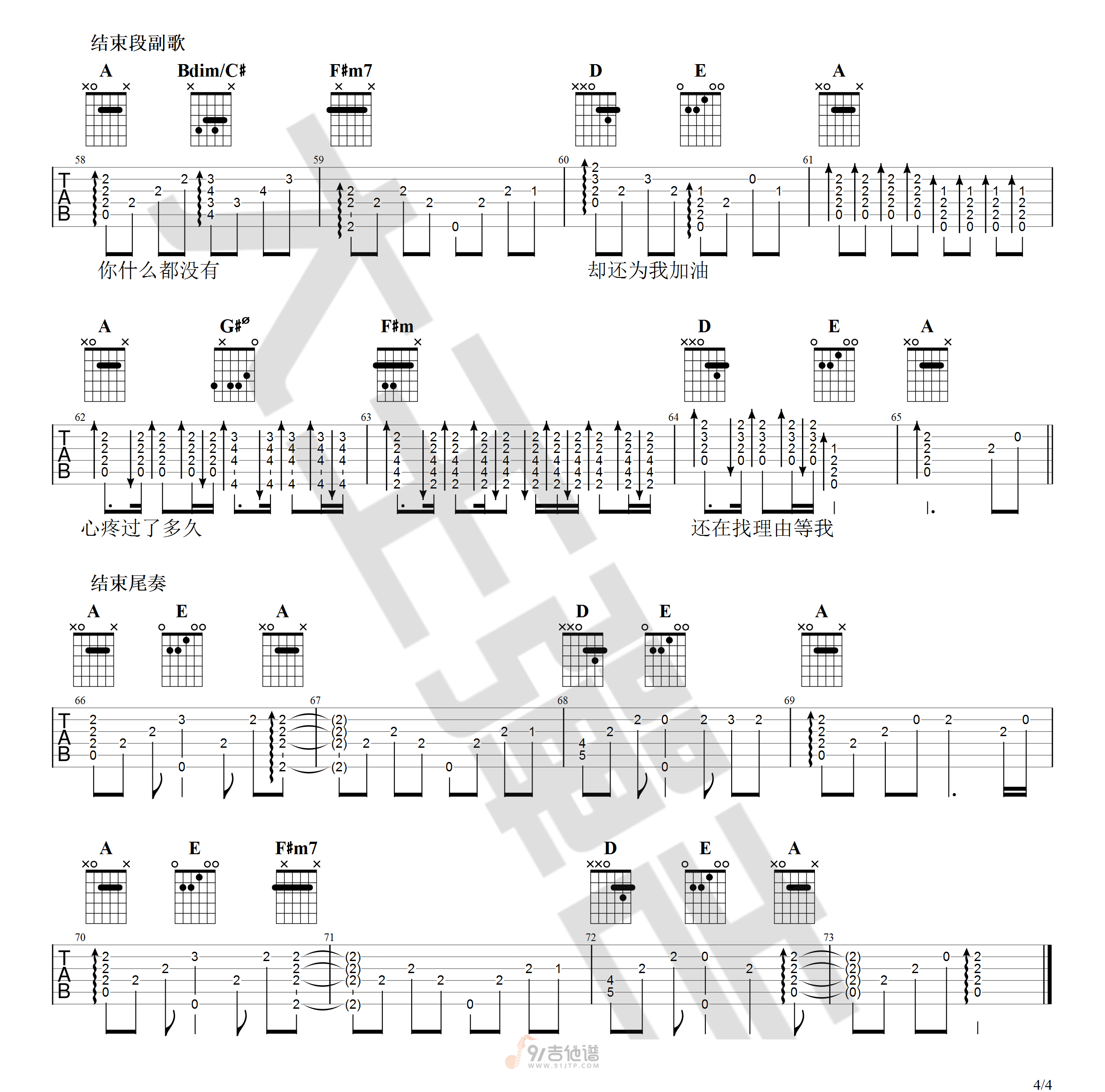 说好不哭吉他谱,周杰伦歌曲,A调简单指弹教学简谱,大王弹吉他版六线谱图片