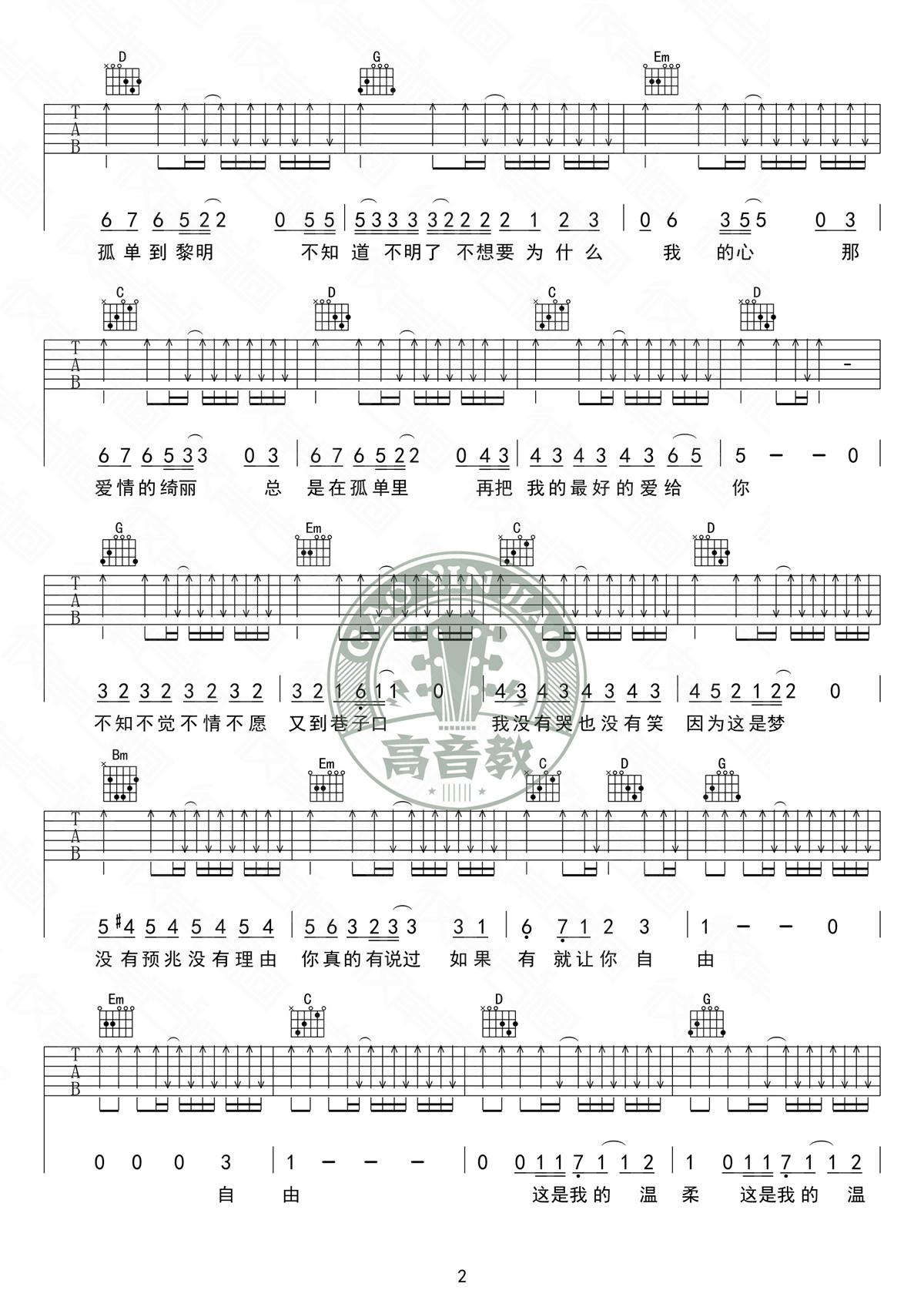 温柔吉他谱,G调标准版高清简单谱教学简谱,五月天六线谱原版六线谱图片
