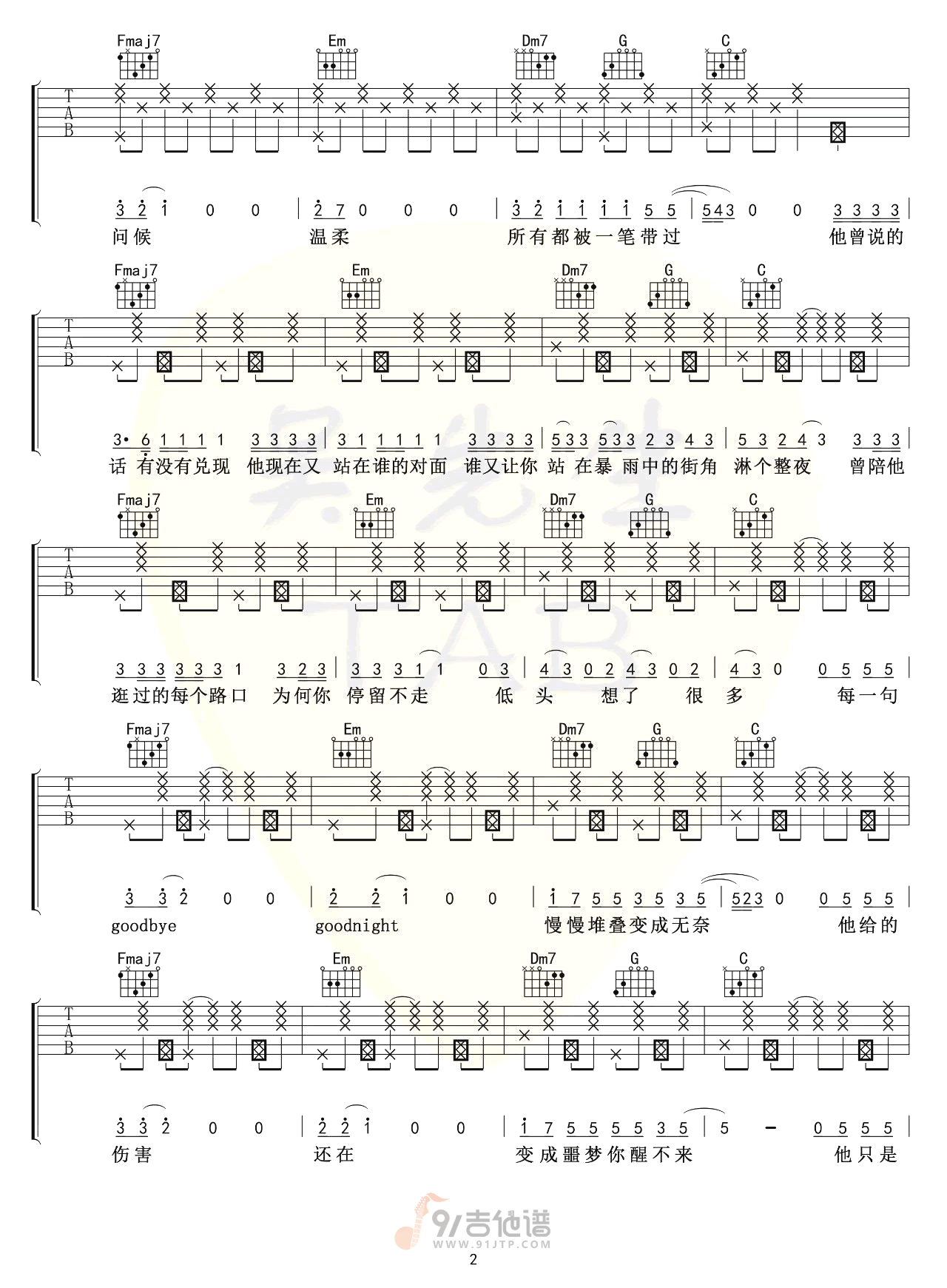 他只是经过吉他谱,H3R3歌曲,C调简单指弹教学简谱,吴先生TAB版六线谱图片