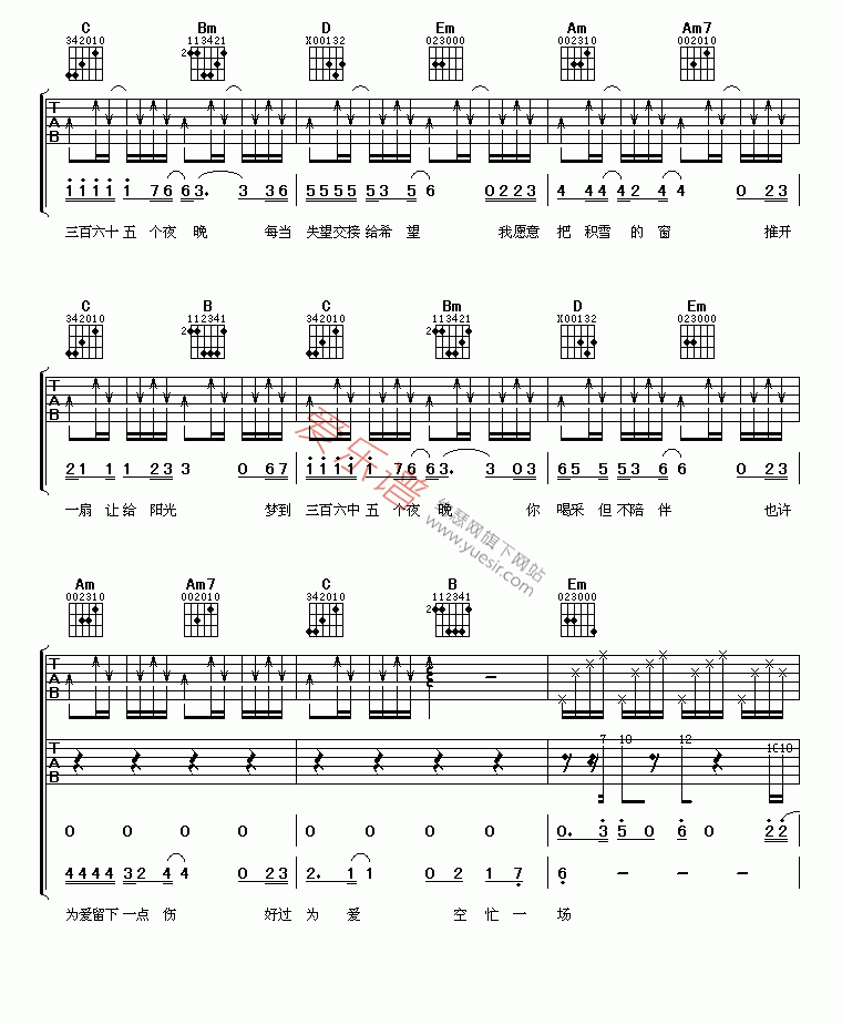 三百六十五个梦吉他谱,C调高清简单谱教学简谱,苏有朋六线谱原版六线谱图片