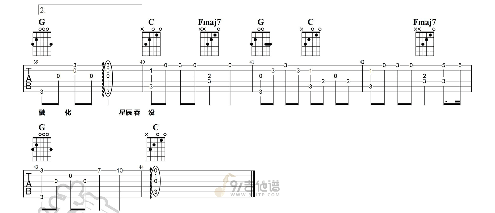 人海吉他谱,燕池歌曲,C调简单指弹教学简谱,捷诚吉他教室版六线谱图片