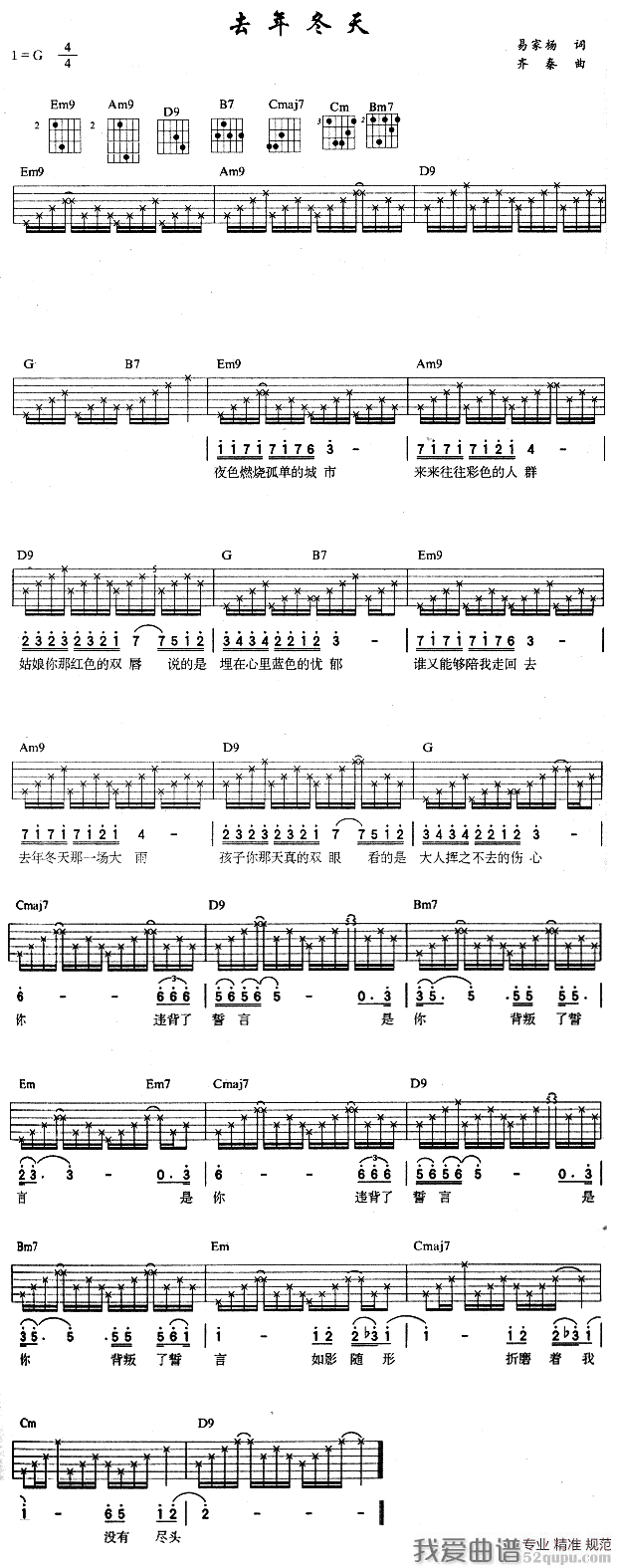 去年冬天吉他谱,去年/简单高清简单谱教学简谱,齐秦六线谱原版六线谱图片