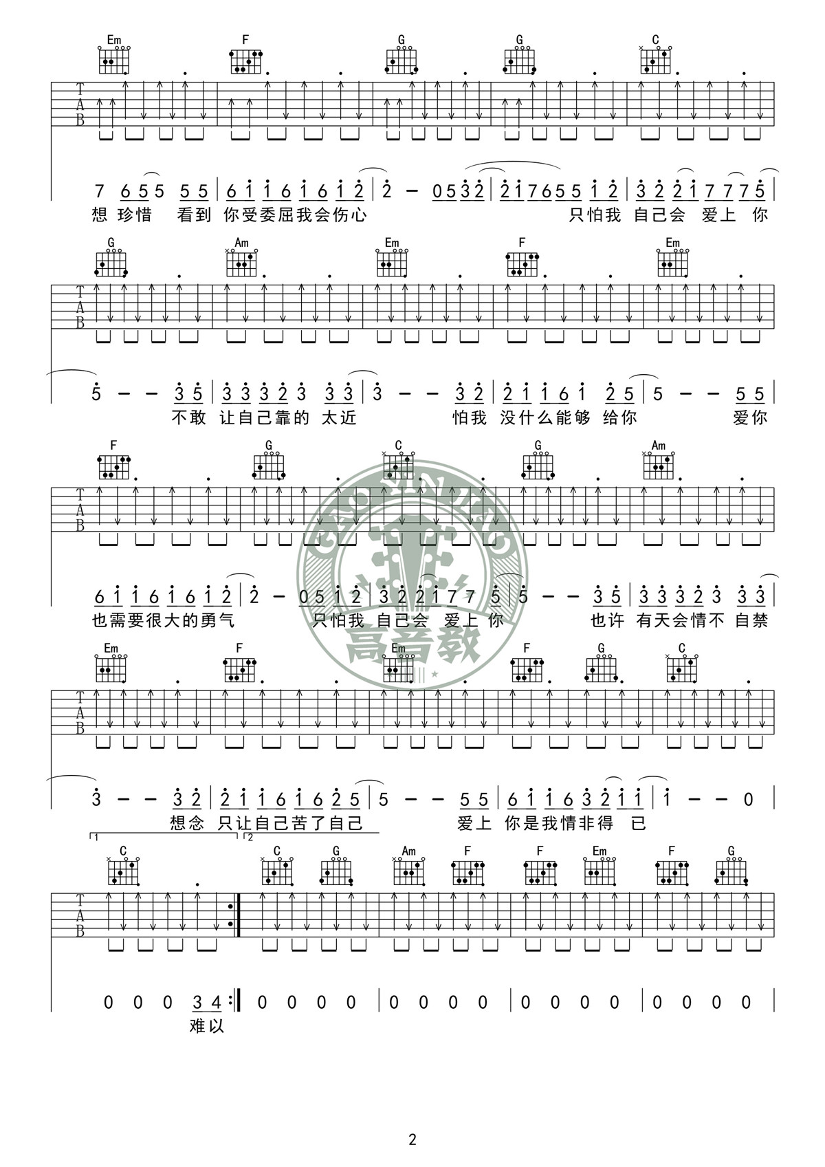 情非得已吉他谱,C调C调标准版教学简谱,庾澄庆六线谱原版六线谱图片