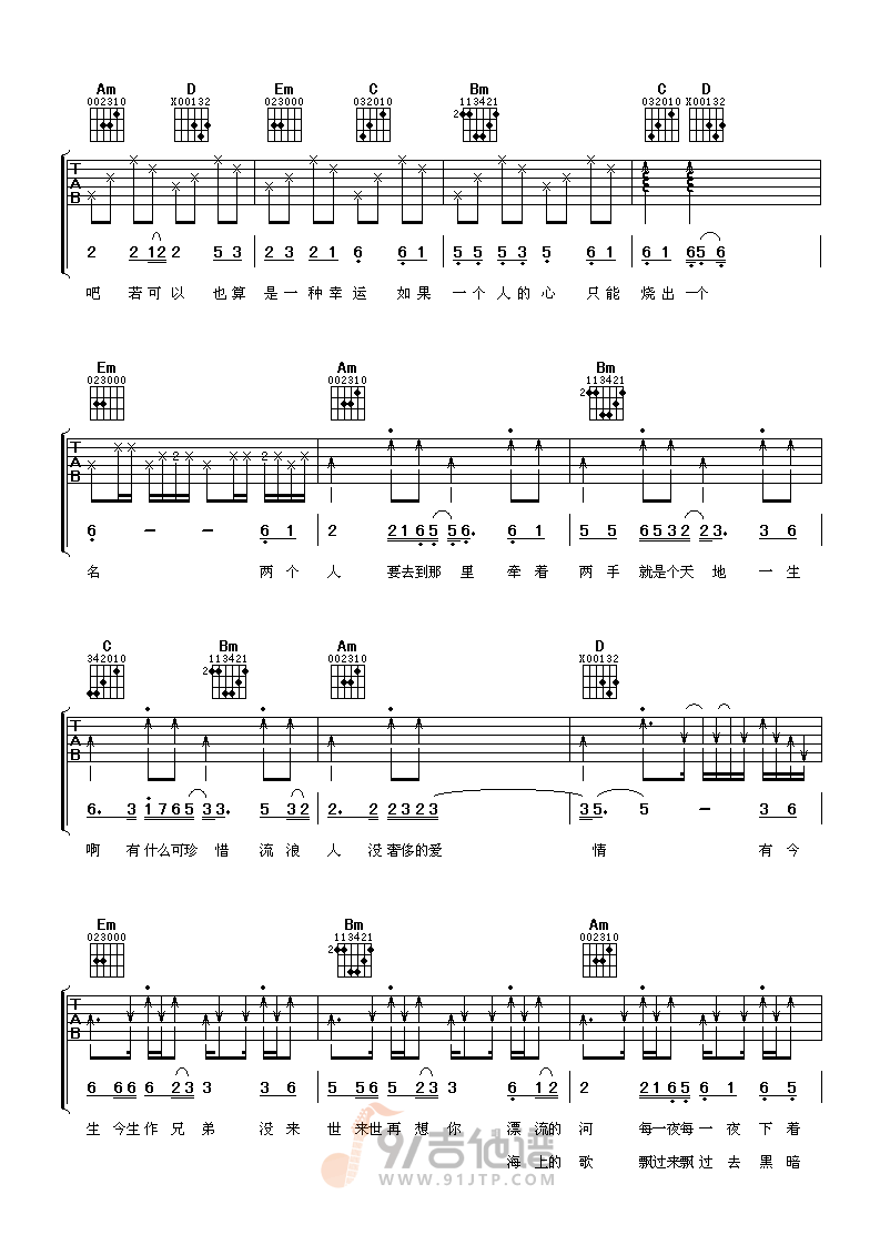 兄弟吉他谱,任贤齐歌曲,G调简单指弹教学简谱,阿潘音乐工场版六线谱图片