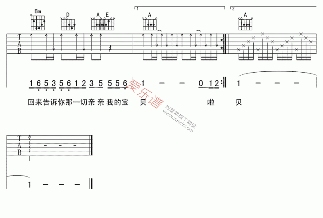 亲亲我的宝贝吉他谱,C调高清简单谱教学简谱,周华健六线谱原版六线谱图片