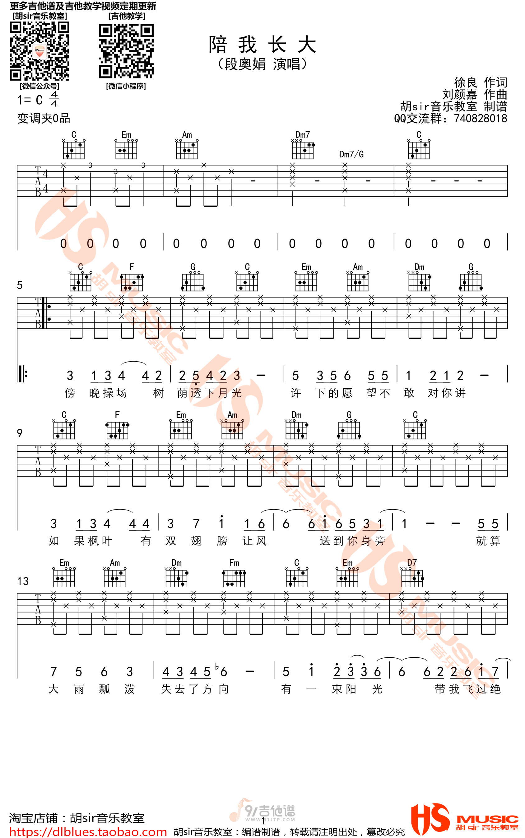 陪我长大吉他谱,段奥娟歌曲,C调简单指弹教学简谱,胡sir吉他版六线谱图片