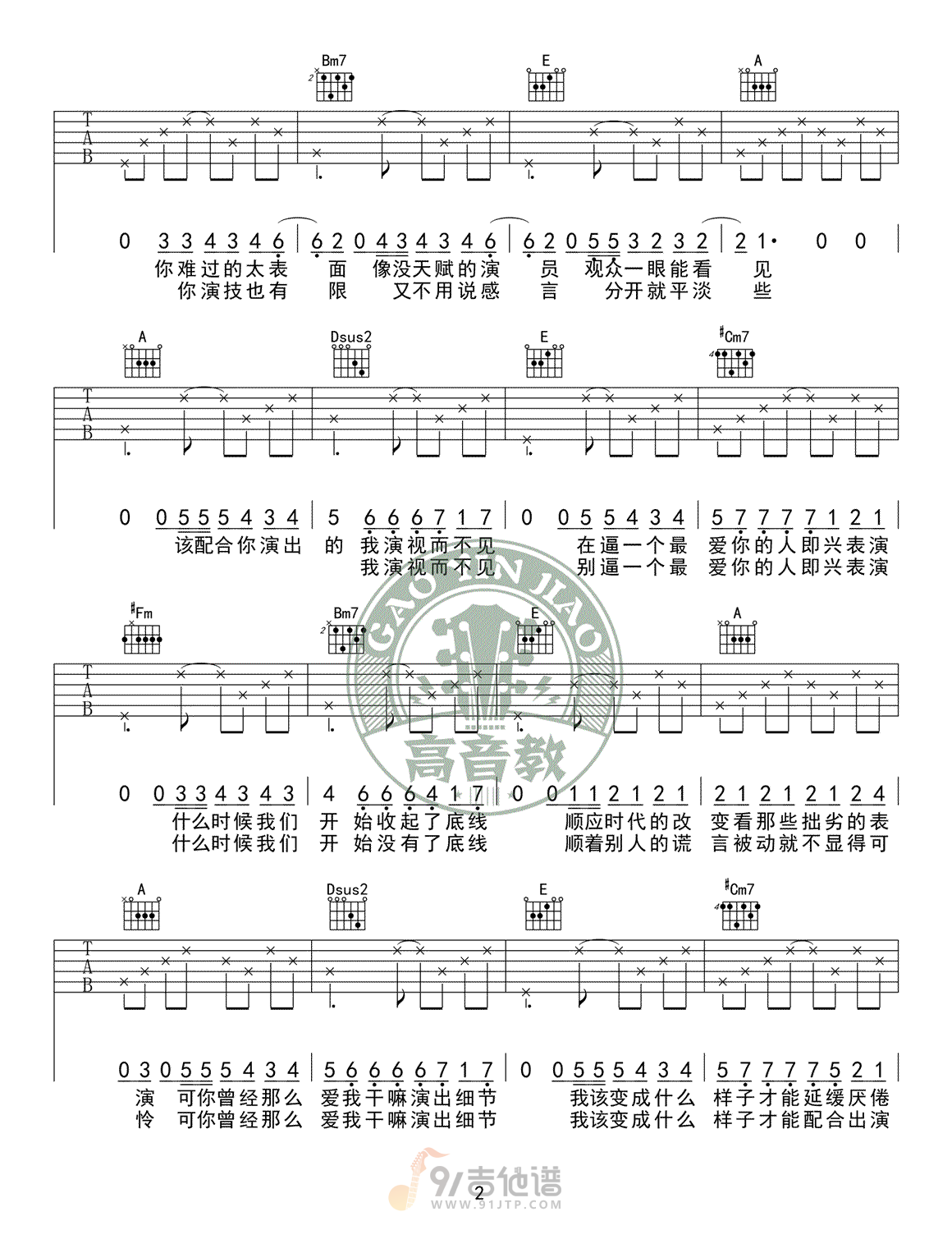 演员吉他谱,薛之谦歌曲,A调简单指弹教学简谱,高音教版六线谱图片