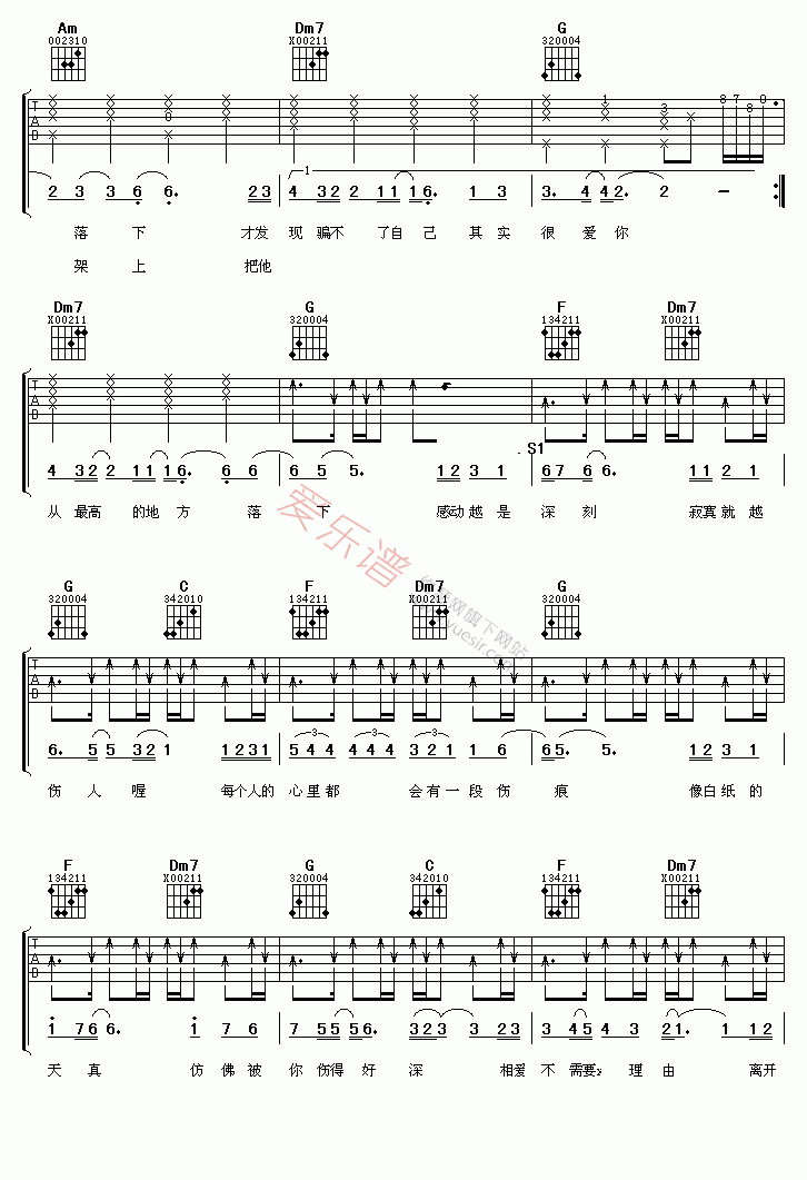 其实很爱你吉他谱,C调高清简单谱教学简谱,张韶涵六线谱原版六线谱图片