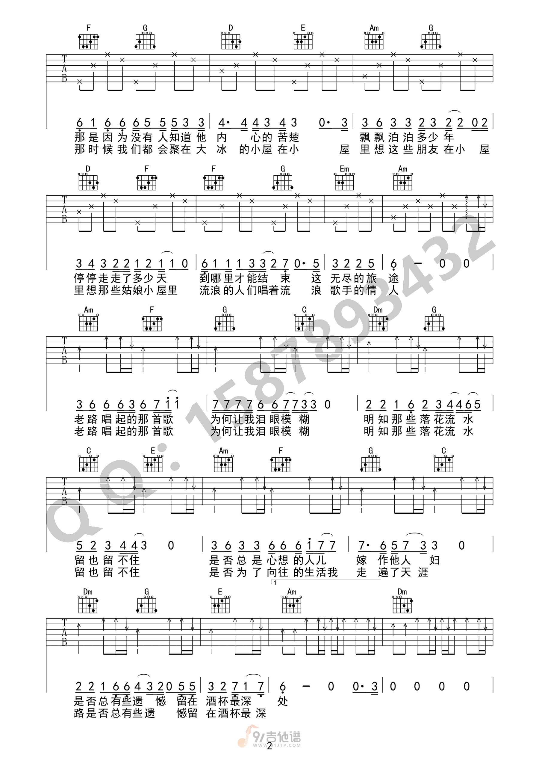 老路小路吉他谱,靳松歌曲,C调简单指弹教学简谱,小琪琴社版六线谱图片