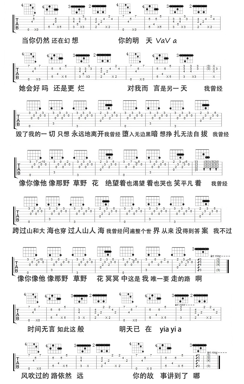 平凡之路吉他谱,G调周子琰版高清简单谱教学简谱,朴树六线谱原版六线谱图片