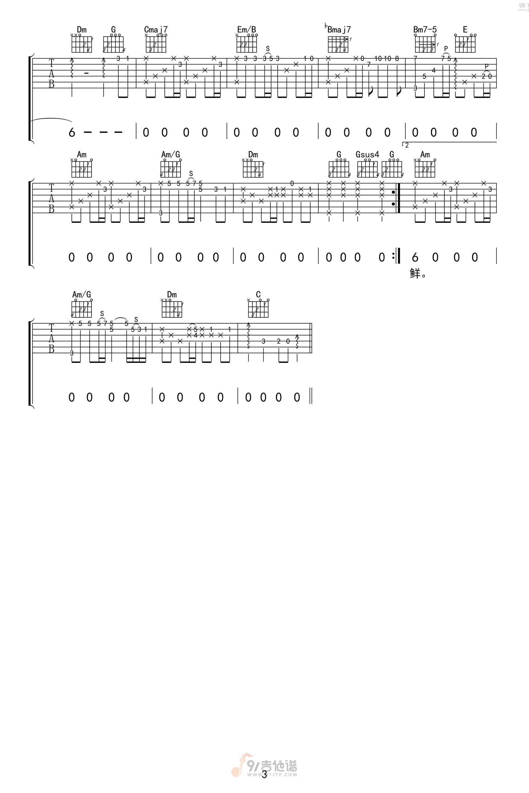 当年情吉他谱,张国荣歌曲,C调简单指弹教学简谱,网络转载版六线谱图片