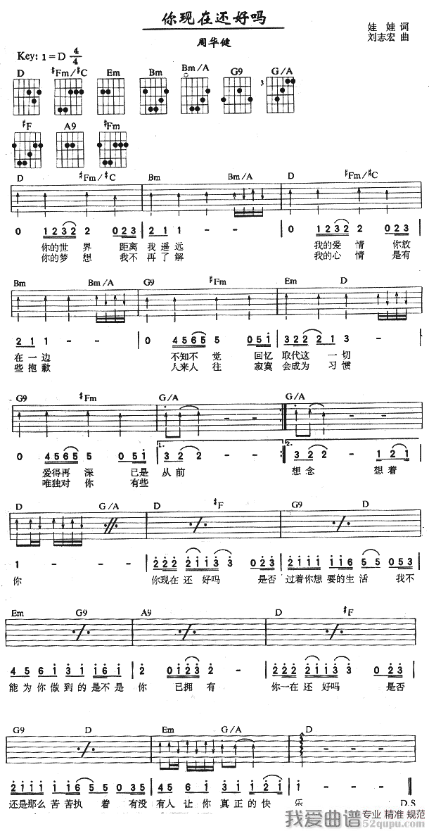 你现在还好吗吉他谱,你现/简单教学简谱,周华健六线谱原版六线谱图片