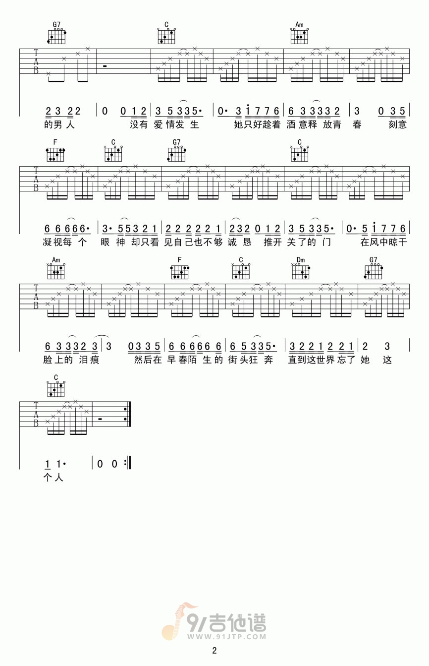 失踪吉他谱,林忆莲歌曲,C调简单指弹教学简谱,靠谱吉他版六线谱图片