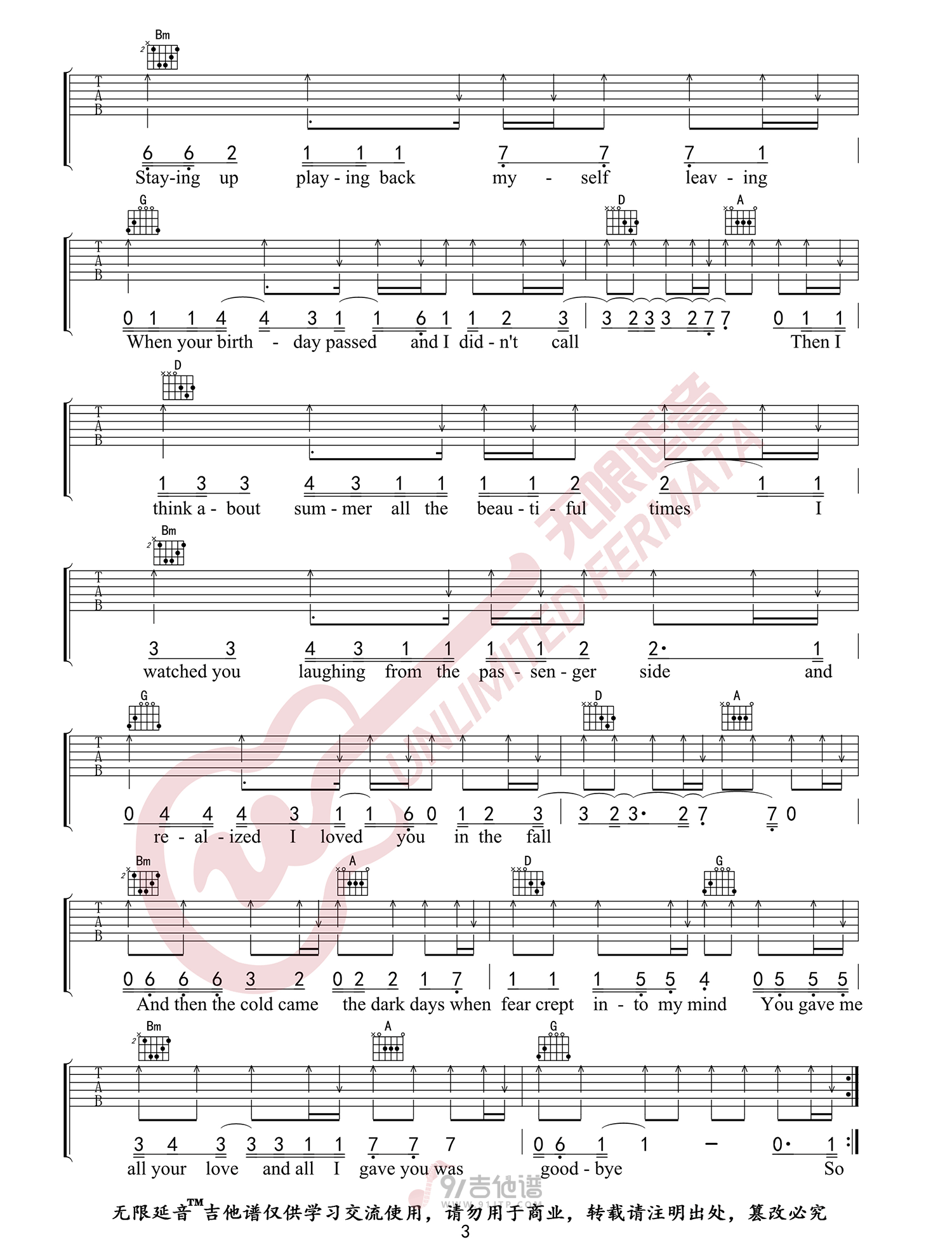 Back To De吉他谱,Taylor歌曲,D调简单指弹教学简谱,无限延音版六线谱图片