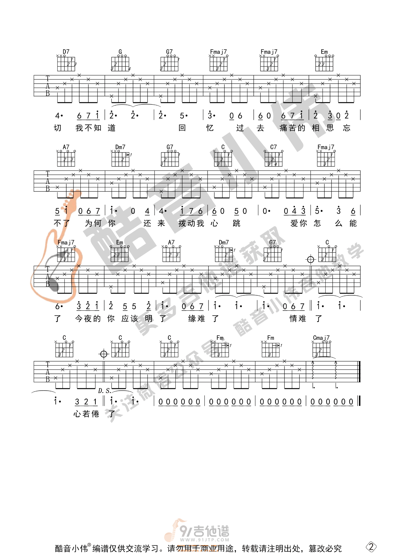 新不了情吉他谱,萧敬腾歌曲,C调简单指弹教学简谱,酷音小伟版六线谱图片