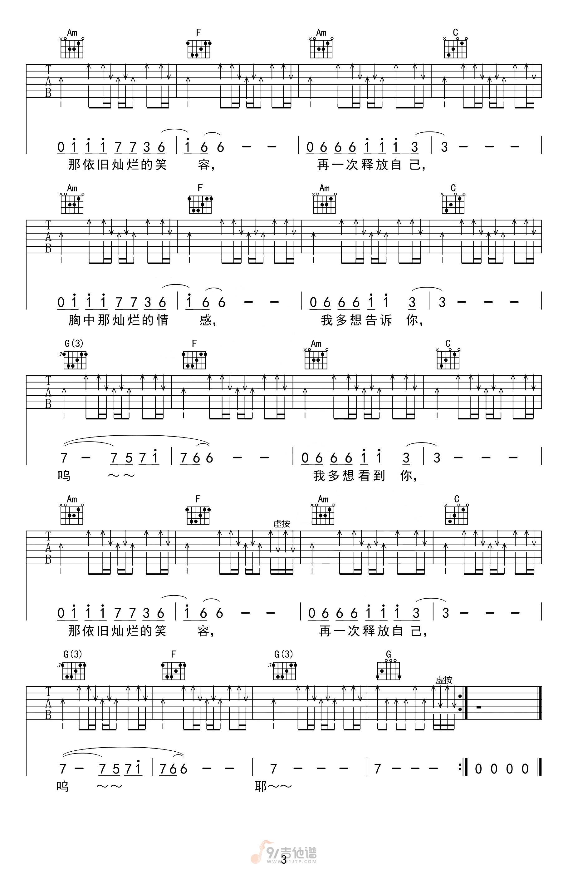 完美生活吉他谱,许巍歌曲,C调简单指弹教学简谱,网络转载版六线谱图片