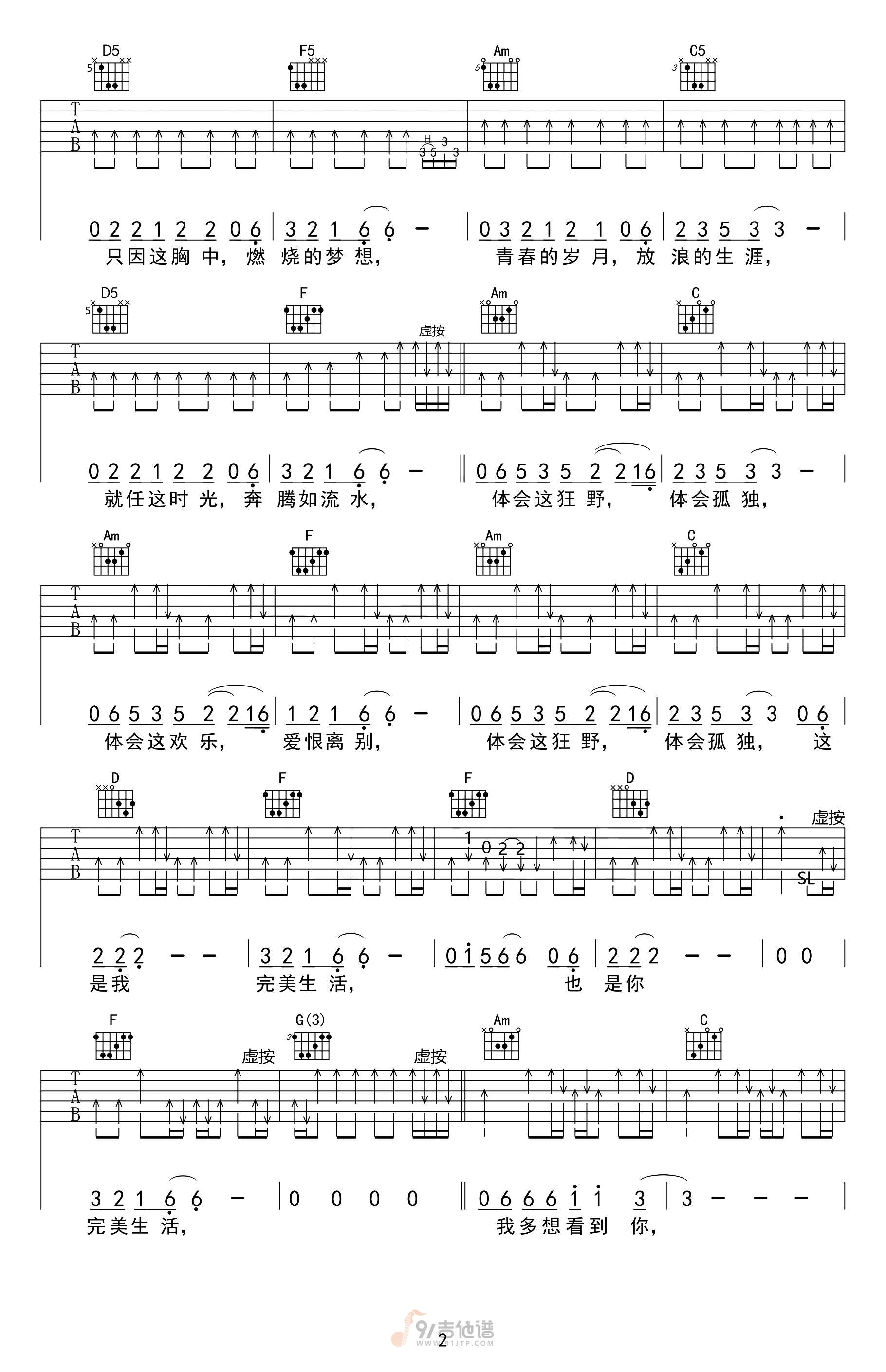 完美生活吉他谱,许巍歌曲,C调简单指弹教学简谱,网络转载版六线谱图片