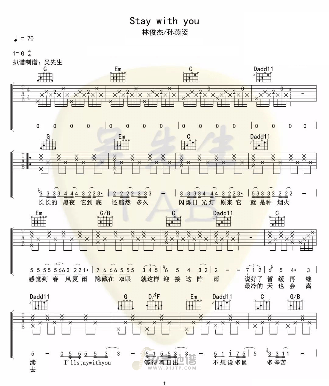 Stay With吉他谱,林俊杰歌曲,G调简单指弹教学简谱,吴先生TAB版六线谱图片